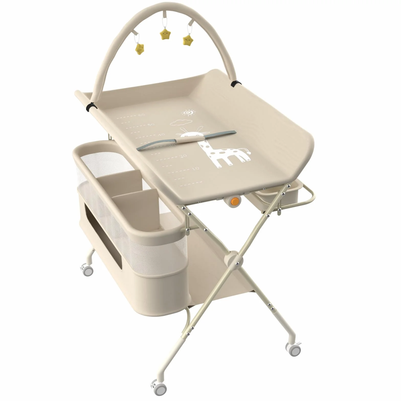 Table à Langer avec Roulettes Panier Rangement Structure Fer Charge Max 25kg 75x68x83-91cm Blanc Crème