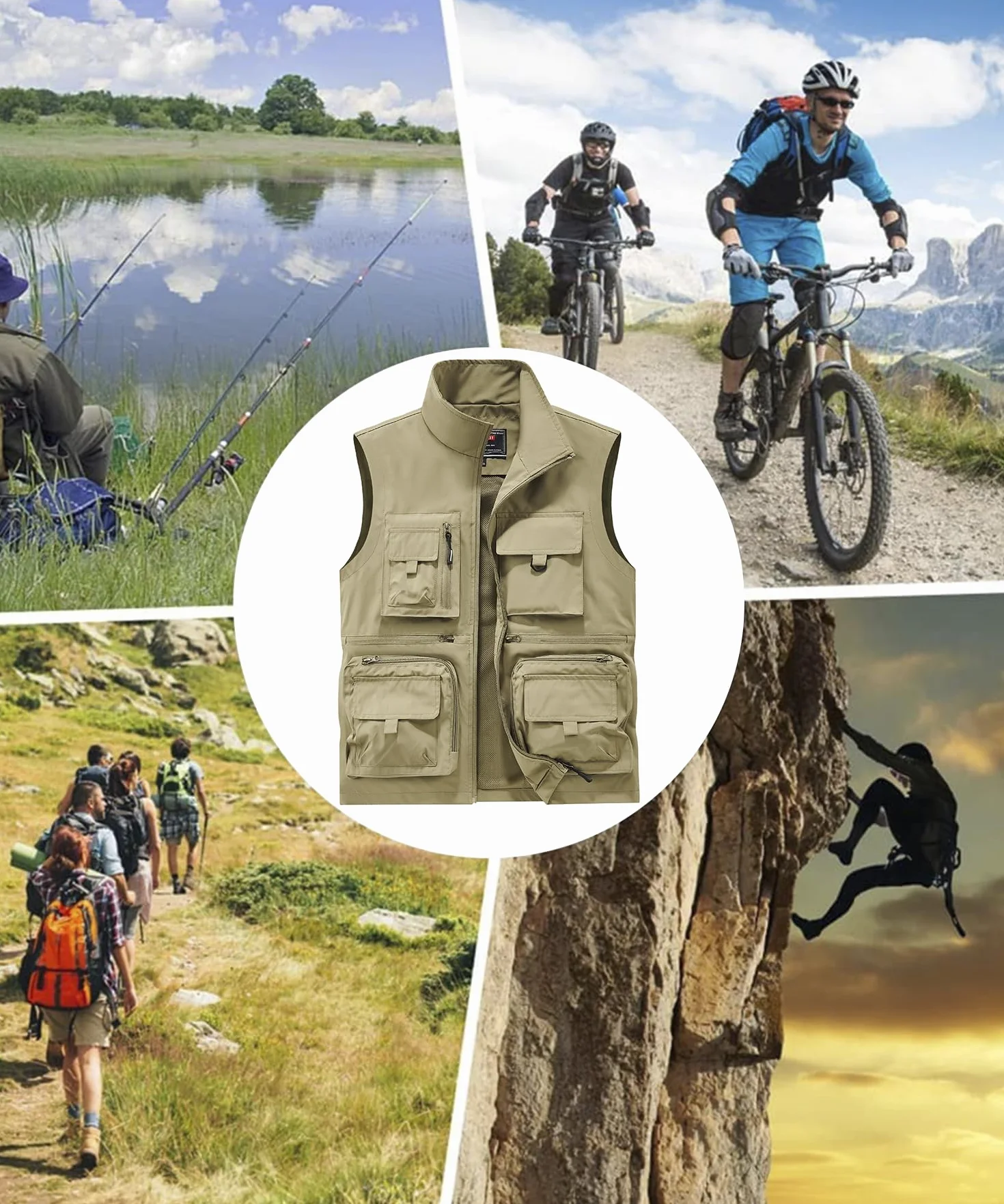 Gilet de Pêche Homme Multi-Poches Séchage Rapide Sans Manche Léger Respirant Chasse Camping Photographie
