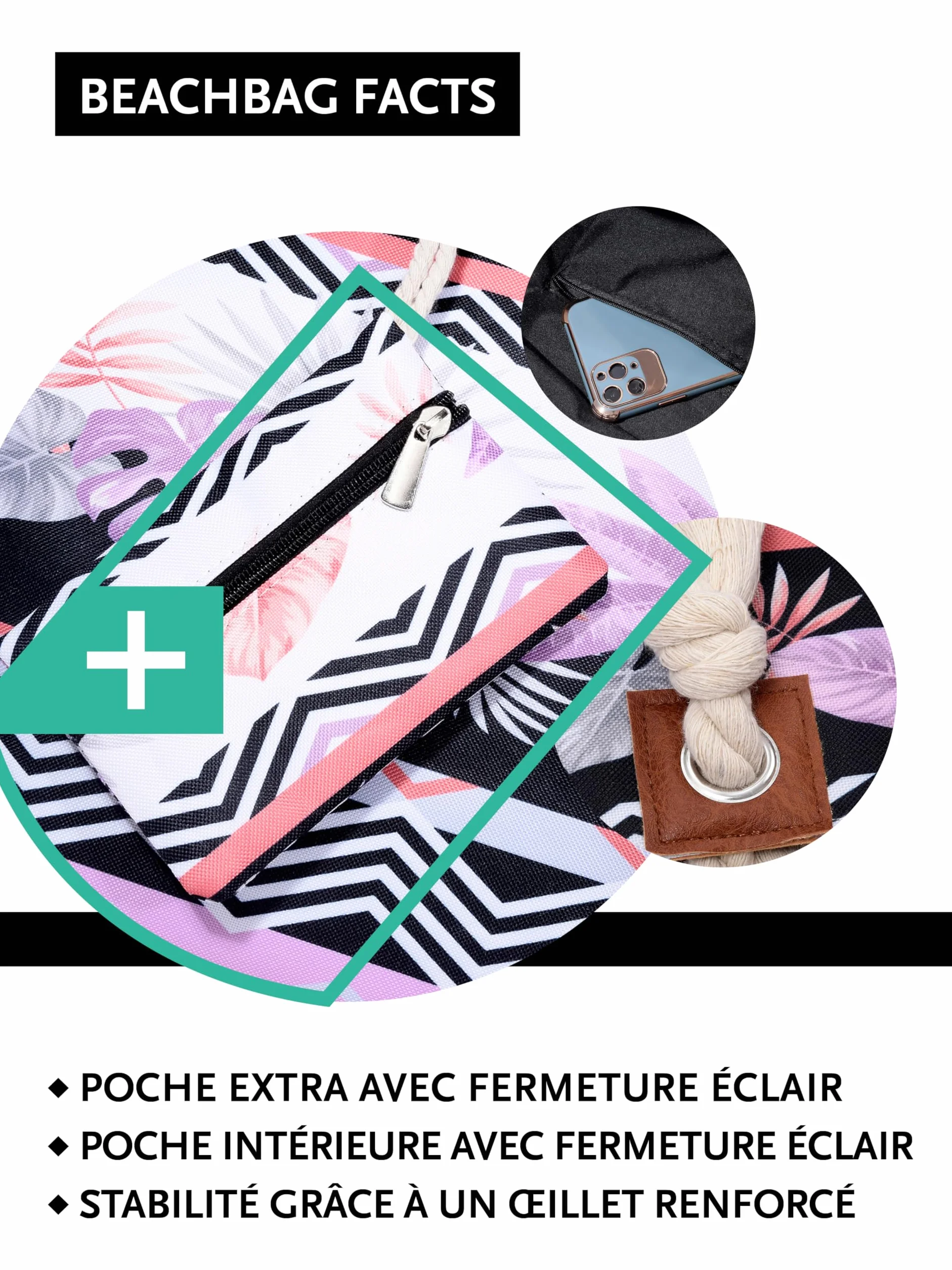 Grand Sac de Plage avec Fermeture à Glissière Sac Shopping Bandoulière