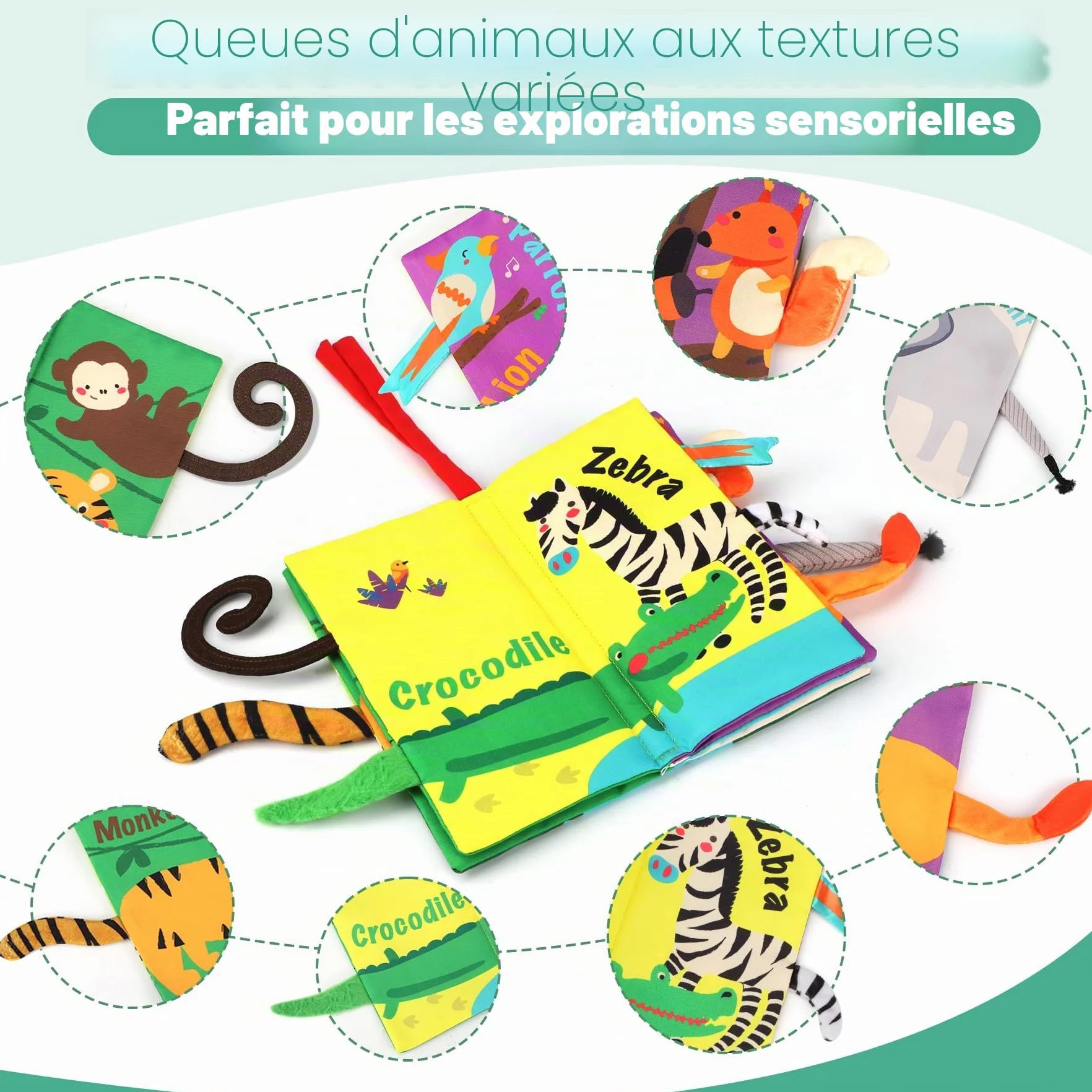 beiens Livre Tissu Bébé Eveil Sensoriel Doux Animaux 0-3 mois Cadeau Naissance