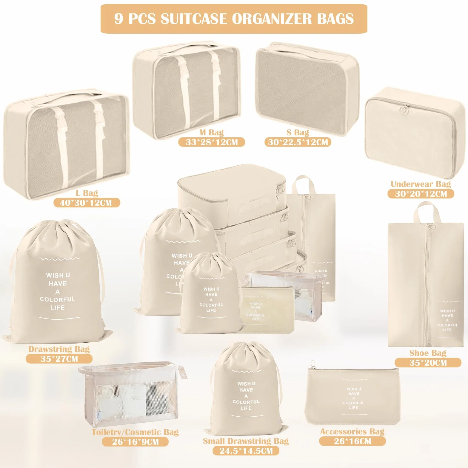 Lot de 9 Organisateur Valise Imperméables Packing Cubes Résistant à la Déchirure Pochette Voyage Beige
