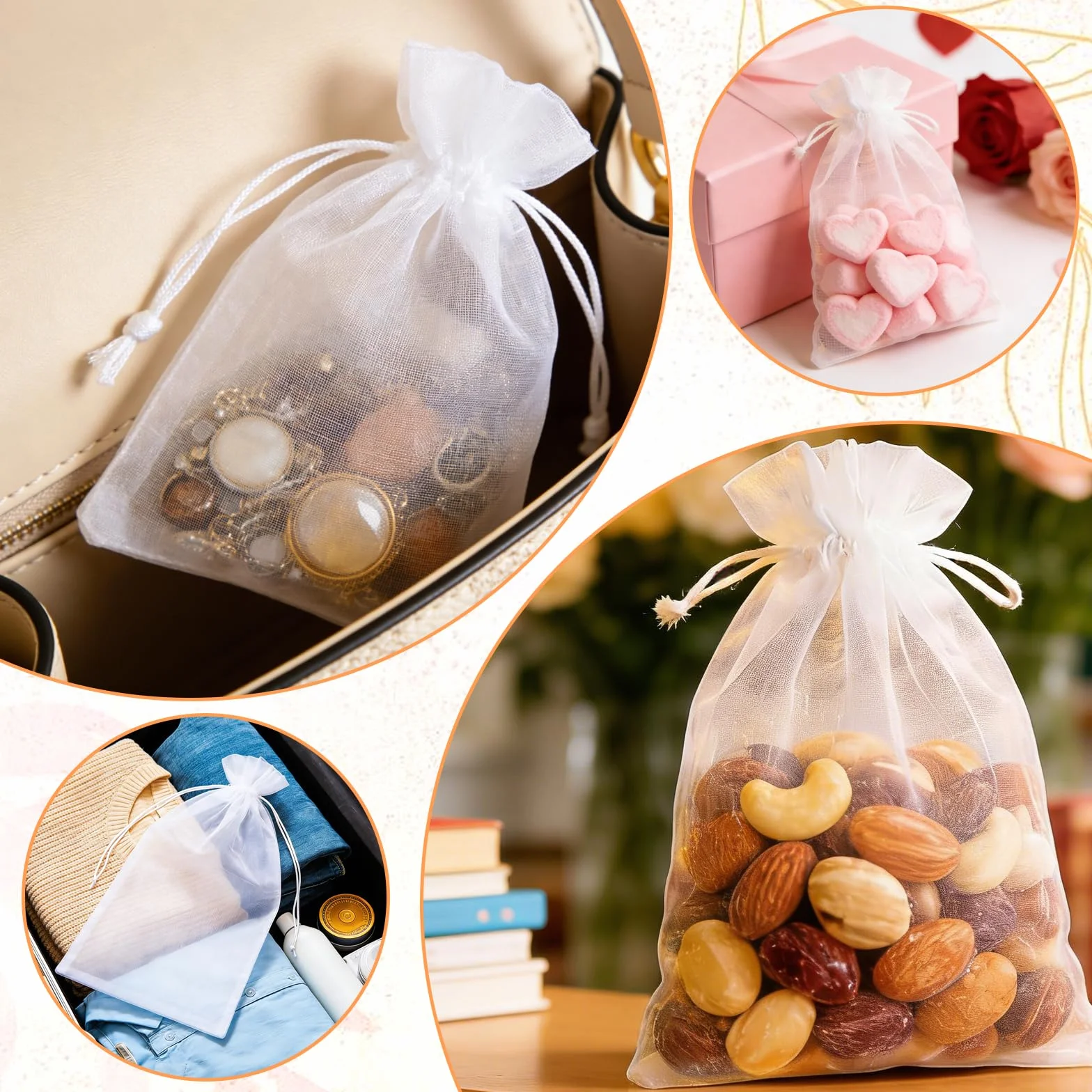 Sachets en Organza Blanc 10 x 15 cm Lot de 100 Sac Cadeau pour Bijoux Mariage