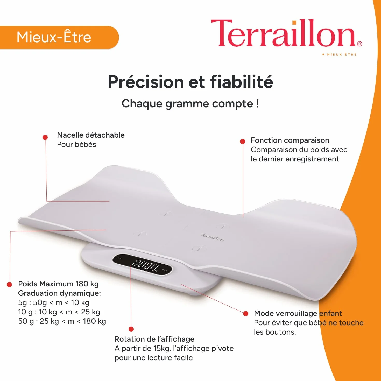 Pèse Bébé 2 en1 électronique TERRAILLON BABY FIT, Nacelle Détachable, Capacité 180 kg, Blanc