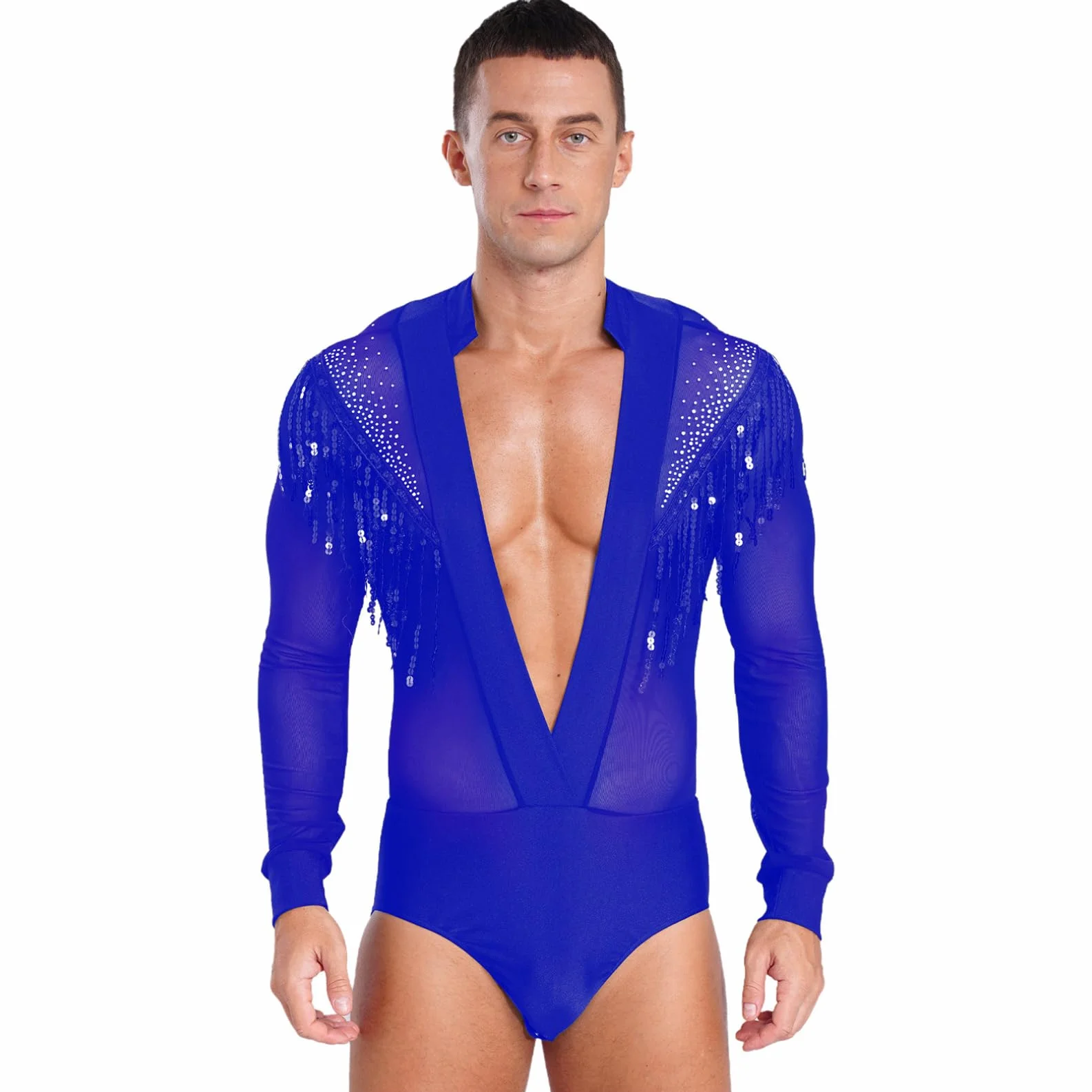 Justaucorps Danse Latine Strass Brillant Col V Manches Longues Chemise Danse de Salon Tango Samba Rumba S-XXL