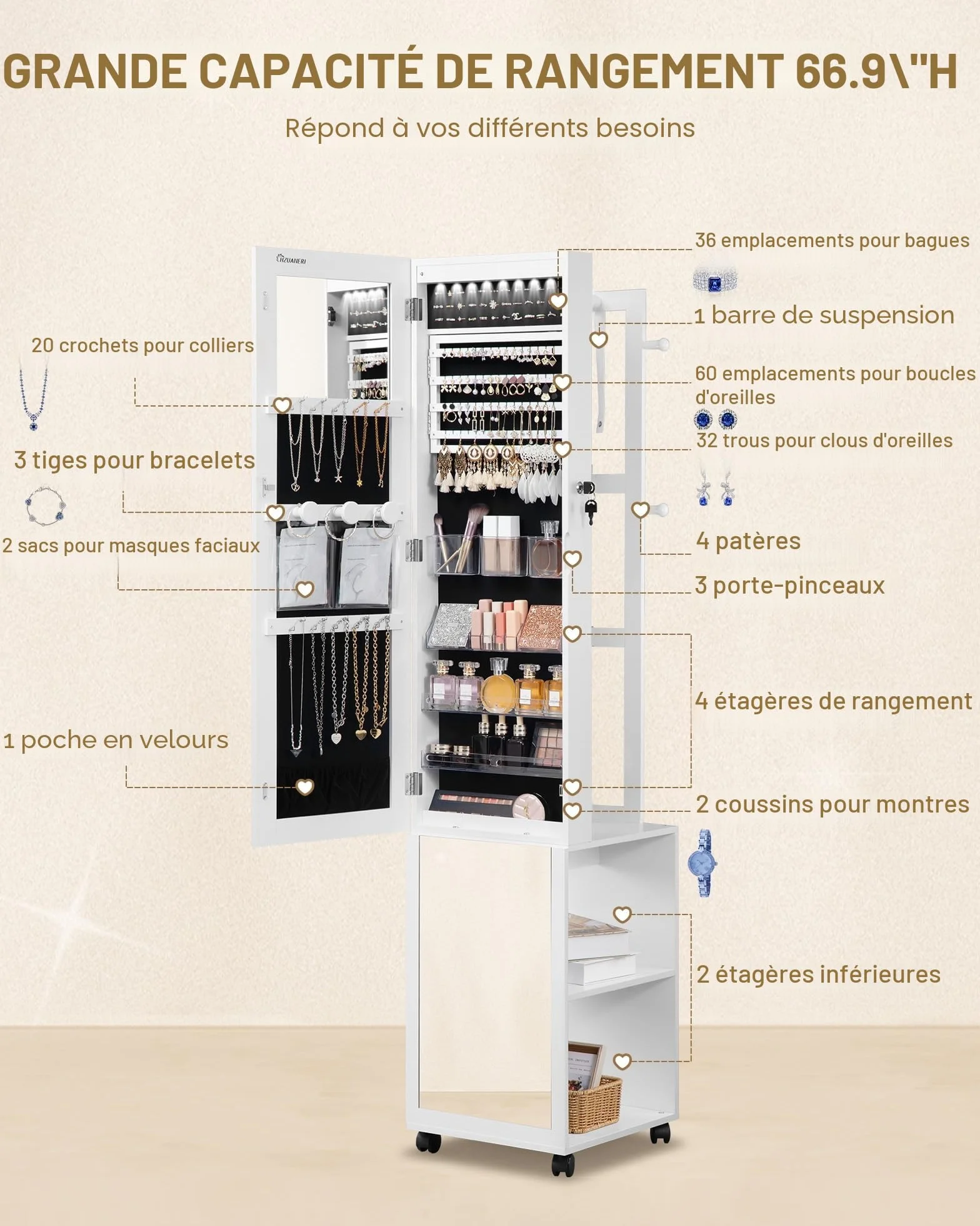 Hzuaneri Armoire à Bijoux 175cm Organisateur de Bijoux sur Pied avec Miroir Verrouillable 8 LEDs 4 Roues Blanc et Noir