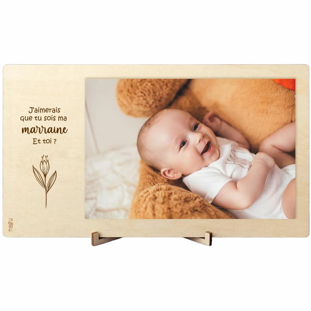 Nagu Cadre Photo en Bois 10x15 cm – Cadeau Personnalisé Baptême – Support de Table