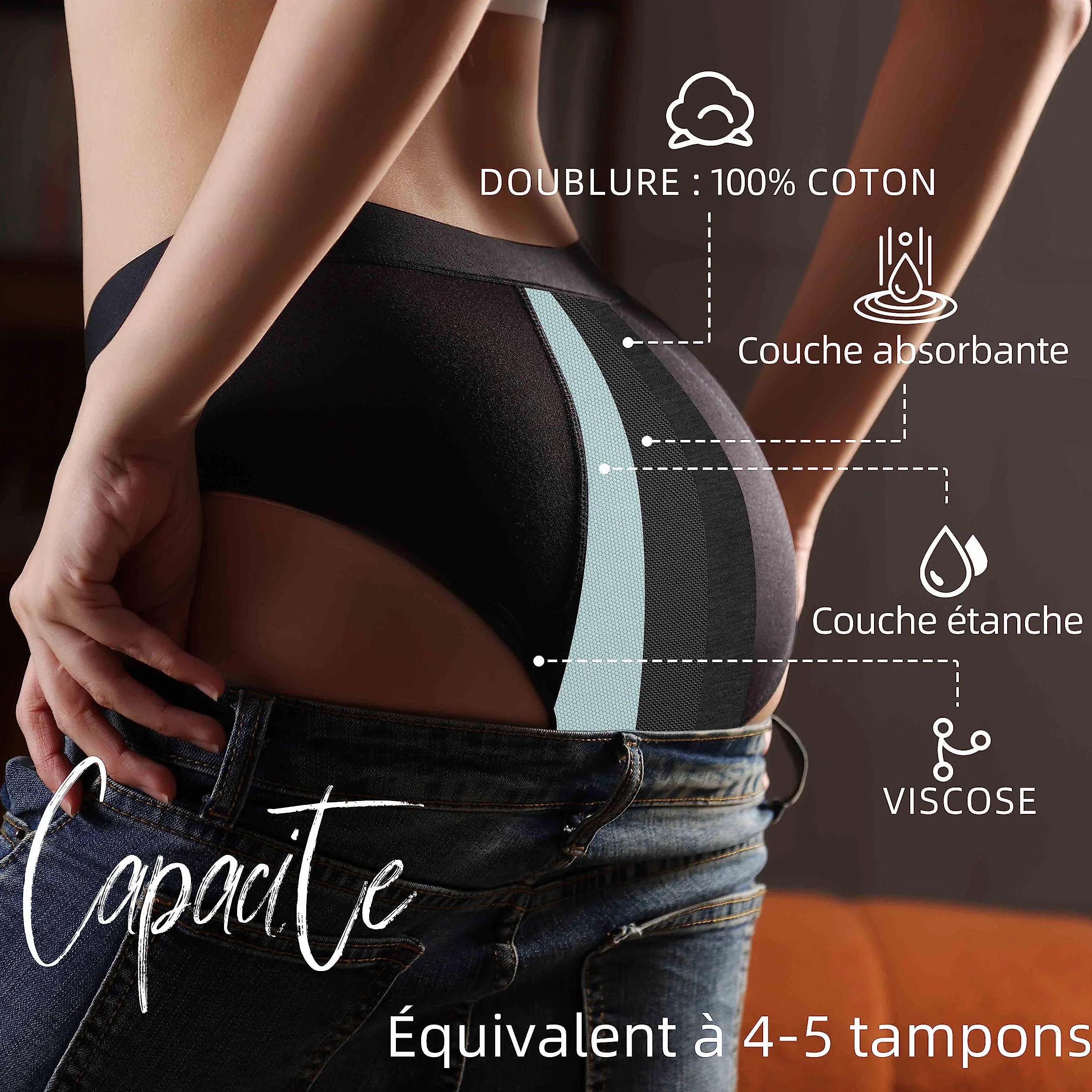 Culotte Menstruelle Absorbante Lavable Coton Protection Périodique Flux léger à abondant