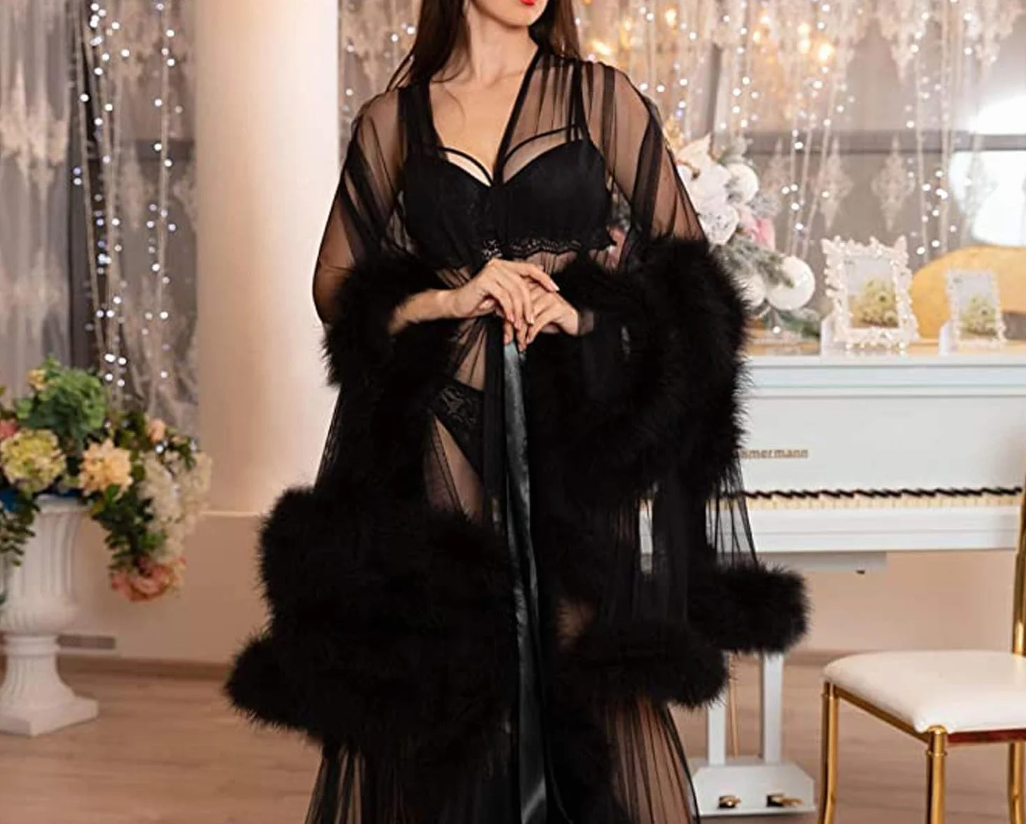 Kimono Sexy Robe Perspective Lingerie Nuisette Plumes Ceinture Grande Taille Maille Transparente One Size