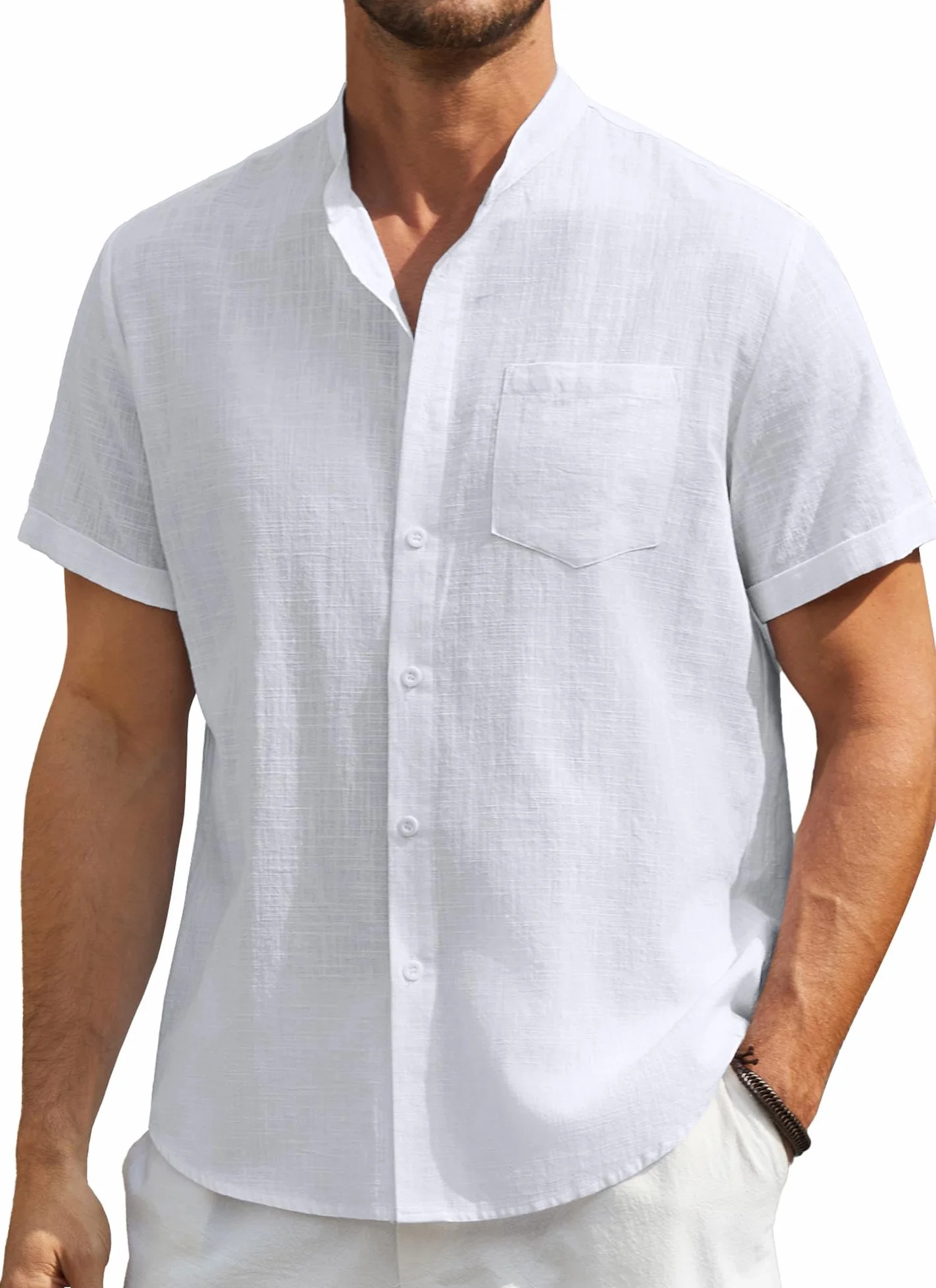 Chemises Lin Homme Manche Courte Col Mao Henley Été S-4XL
