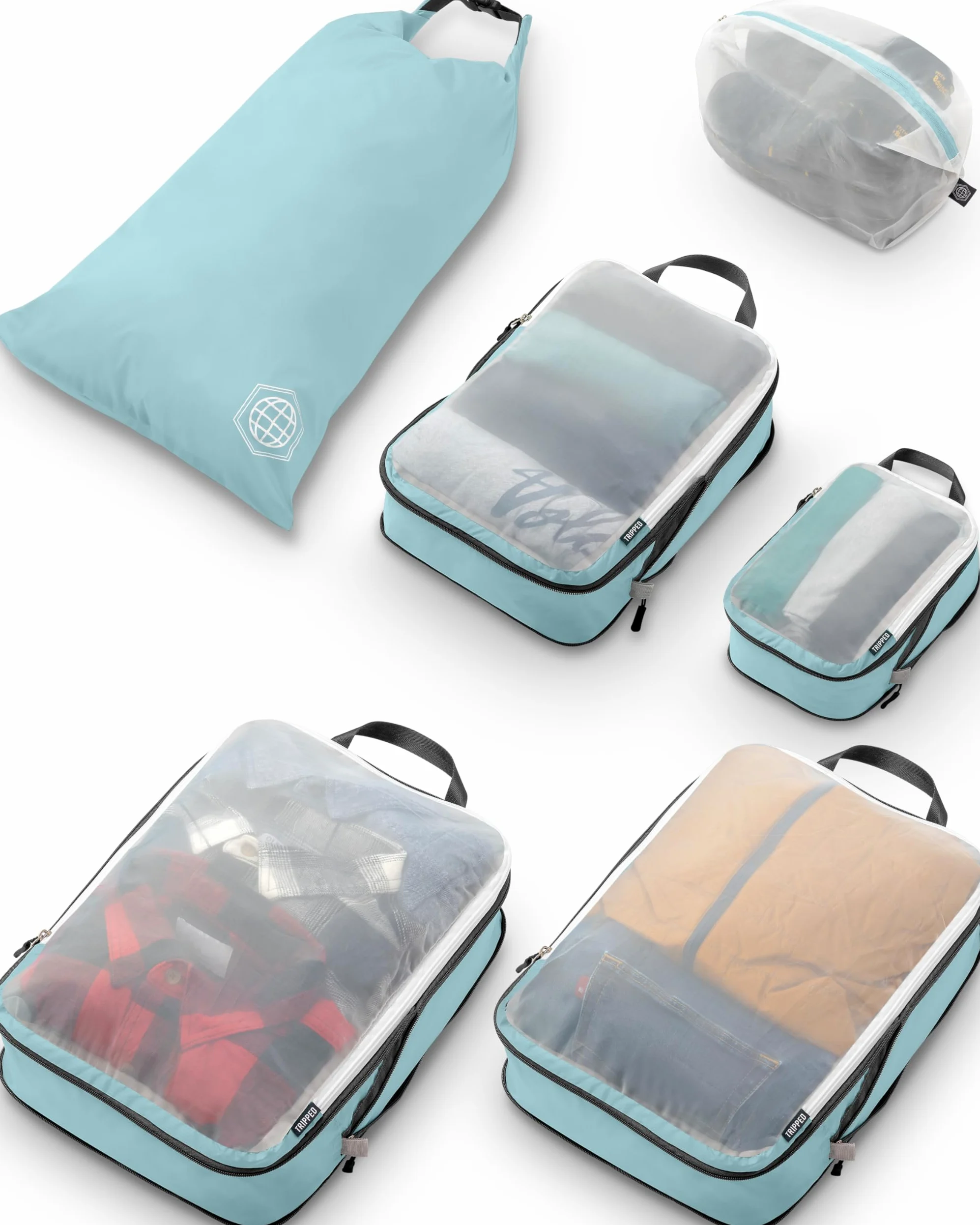 Grand cube de rangement avec maille transparente - Cubes d'emballage de compression - Organisateurs de voyage (bleu sarcelle poussiéreux)