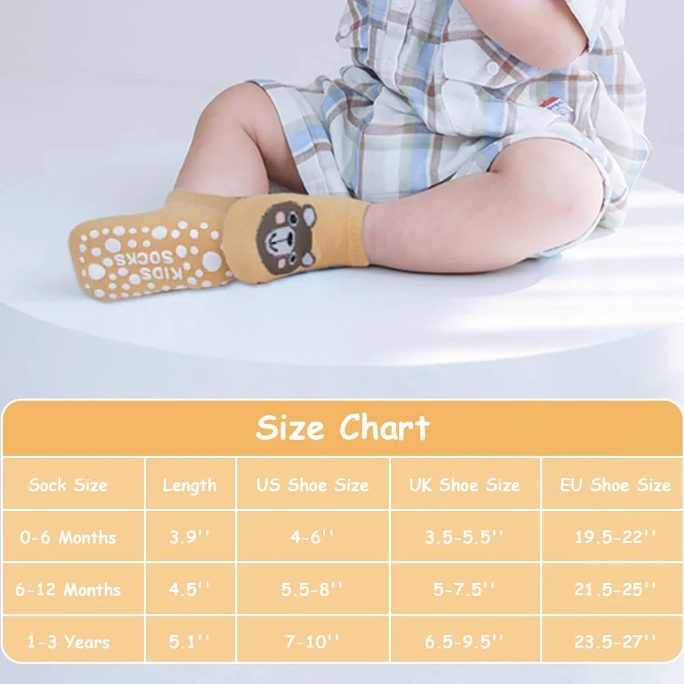 Vicloon Lot de 6 paires chaussettes antidérapantes coton imprimé animal bébé 12-18 mois