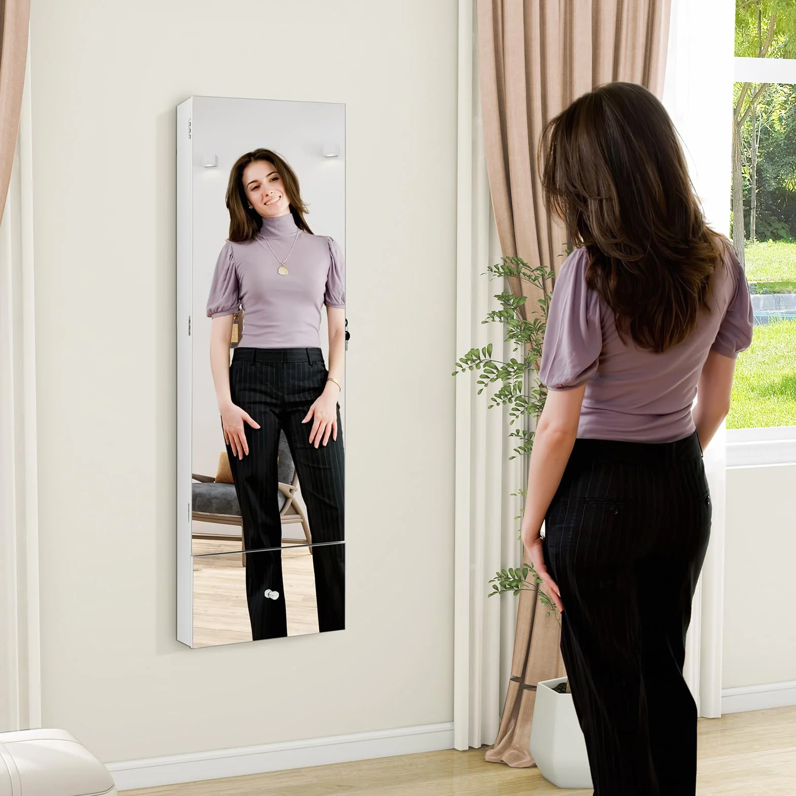 HOMASIS Armoire suspendue pour bijoux avec miroir et serrure, éclairage LED 3 couleurs, étagère pliable, 120 x 37 x 11 cm