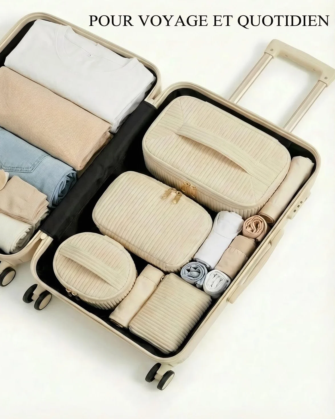 Lot de 4 Trousses de Toilette Femme en Velours Côtelé, Trousse Maquillage avec Poignée, Grande Moyenne Petite Mini, Beige