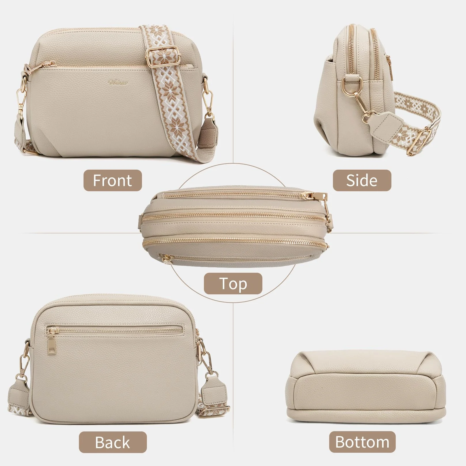 Sac à Main Femme Bandoulière Antivol RFID 4 Compartiments Sangle Réglable Amovible