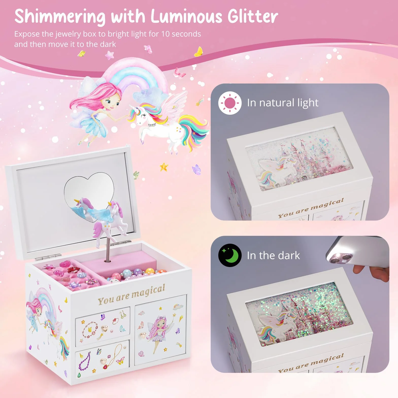 Boîte Bijoux Enfant Licorne Musicale Bois Blanc pour Ranger Colliers Bracelets Bagues Montres