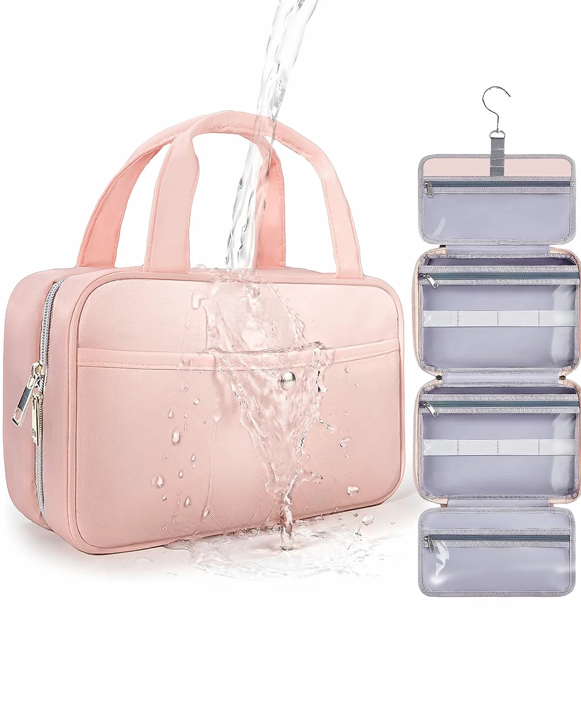 Trousse de Toilette à Suspendre Voyage Femme Imperméable avec Fenêtre Transparente Rose Moyen