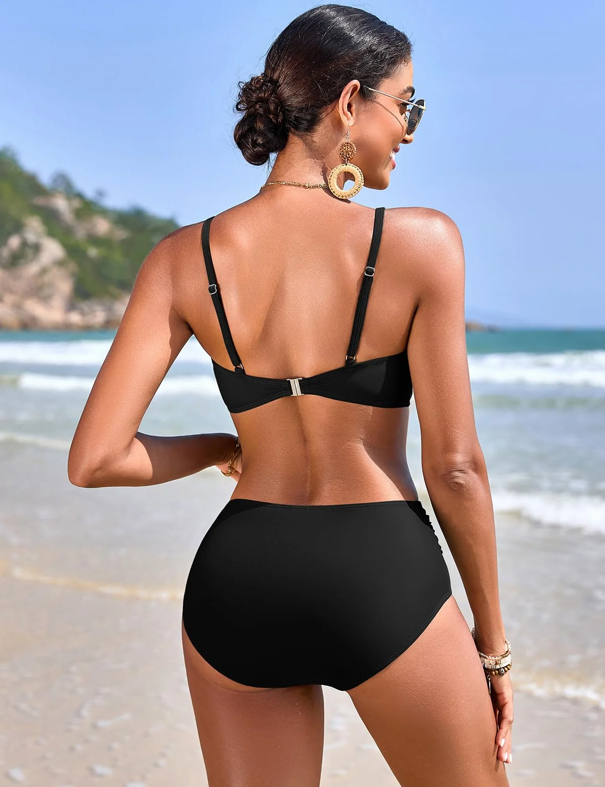 Nadeer Maillot De Bain Femme 2 Pièces Torsadé Taille Haute Bikini Col en V Contrôle du Ventre