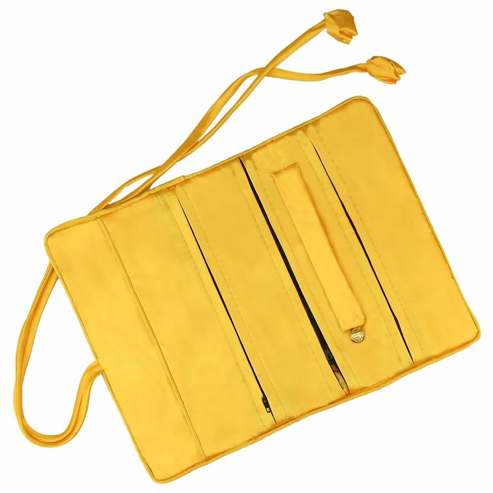 Sac à bijoux de voyage en brocart de soie fleurs et oiseaux avec rubans, fermeture à nouer, jaune