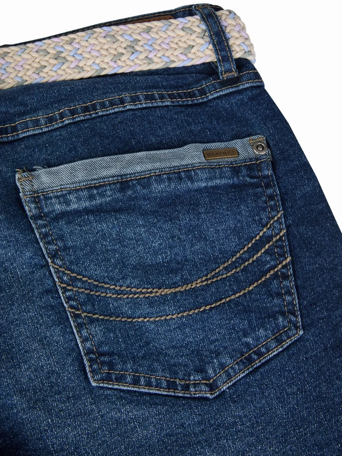 DENIMFY DFLena Short en jean pour femme avec ceinture - Coupe droite - Pantalon d'été en denim stretch - Couleur unie - Bleu - Tailles S, M, L, XL, XXL