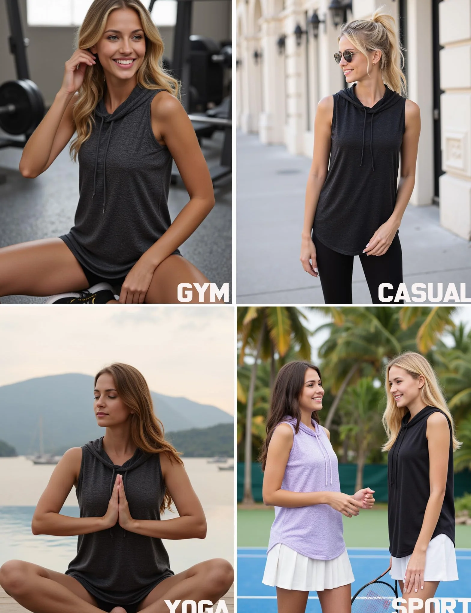 Femme Débardeur Sport sans Manches Capuche Cordon Ajustable T-Shirt Été Léger Respirant Fitness Yoga
