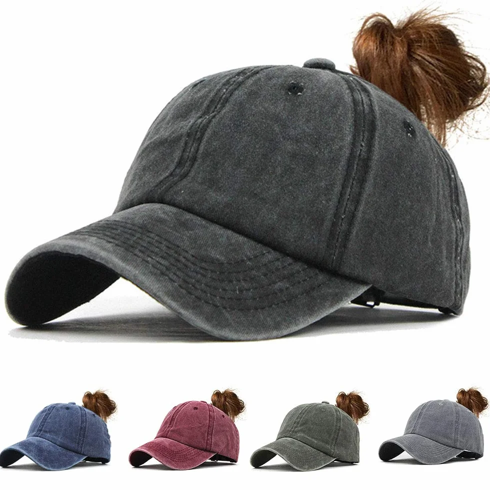 Femme Casquette de Baseball en Queue de Cheval Vintage Chapeau Camionneur Papa Cap Réglable Anti-Soleil