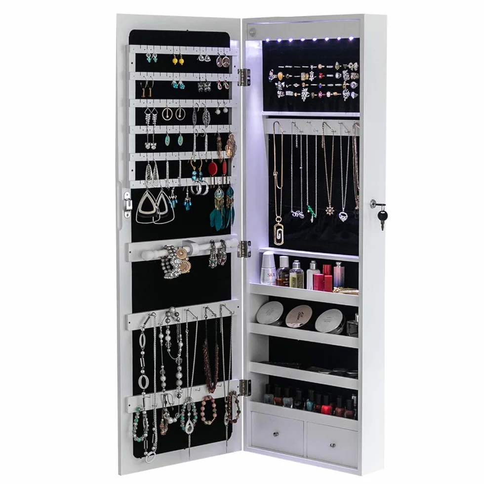 LEADZM Armoire à Bijoux avec Miroir, Meuble de Rangement Mural, Organisateur Verrouillable, Blanc Boisé