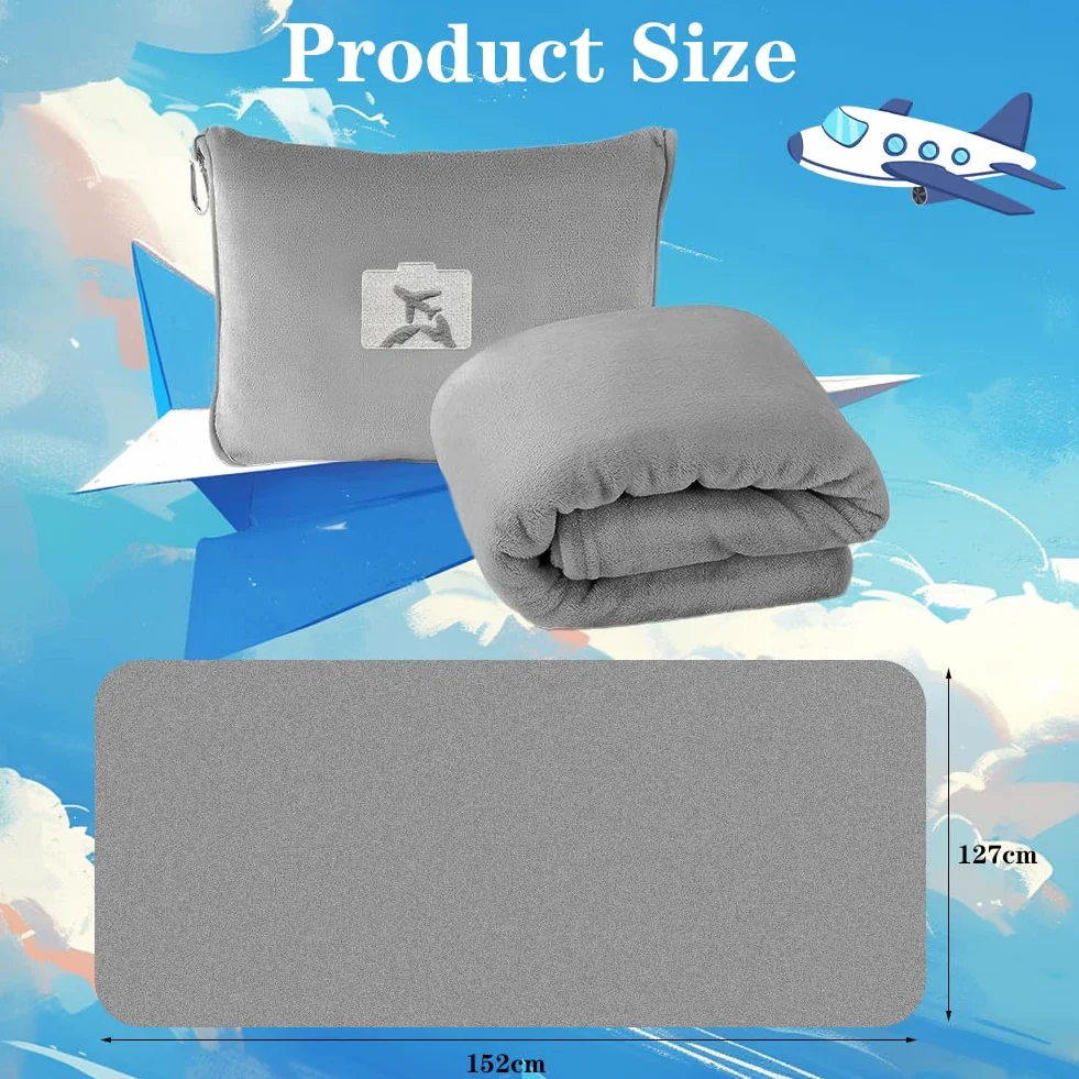 RANJIMA Couverture de voyage 2 en 1 155 x 130 cm douce chaude pour avion voiture avec coussin compact housse bagages clip