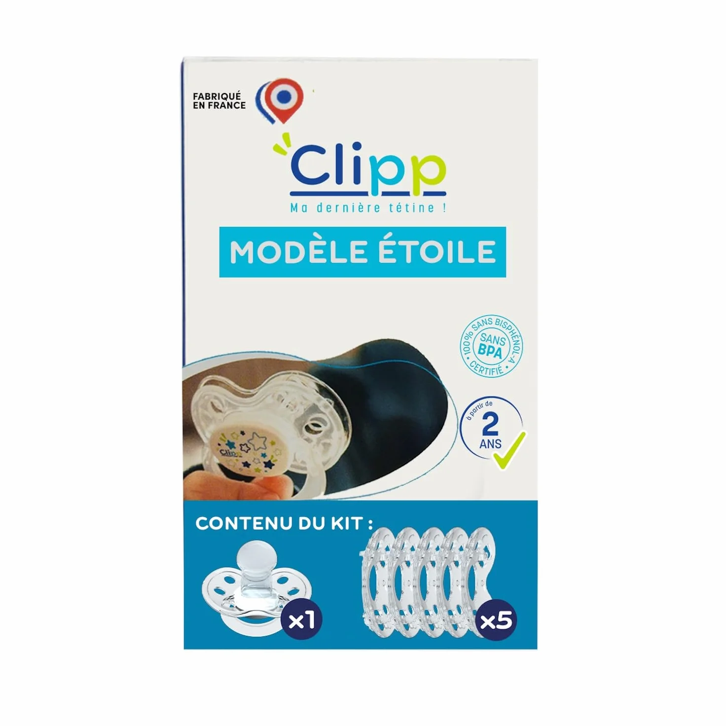 CLIPP Kit Tétine de Sevrage Étoiles 5 Collerettes Arrêt Progressif Sevrage par Paliers Dispositif Breveté Fabriqué en France 2 Ans