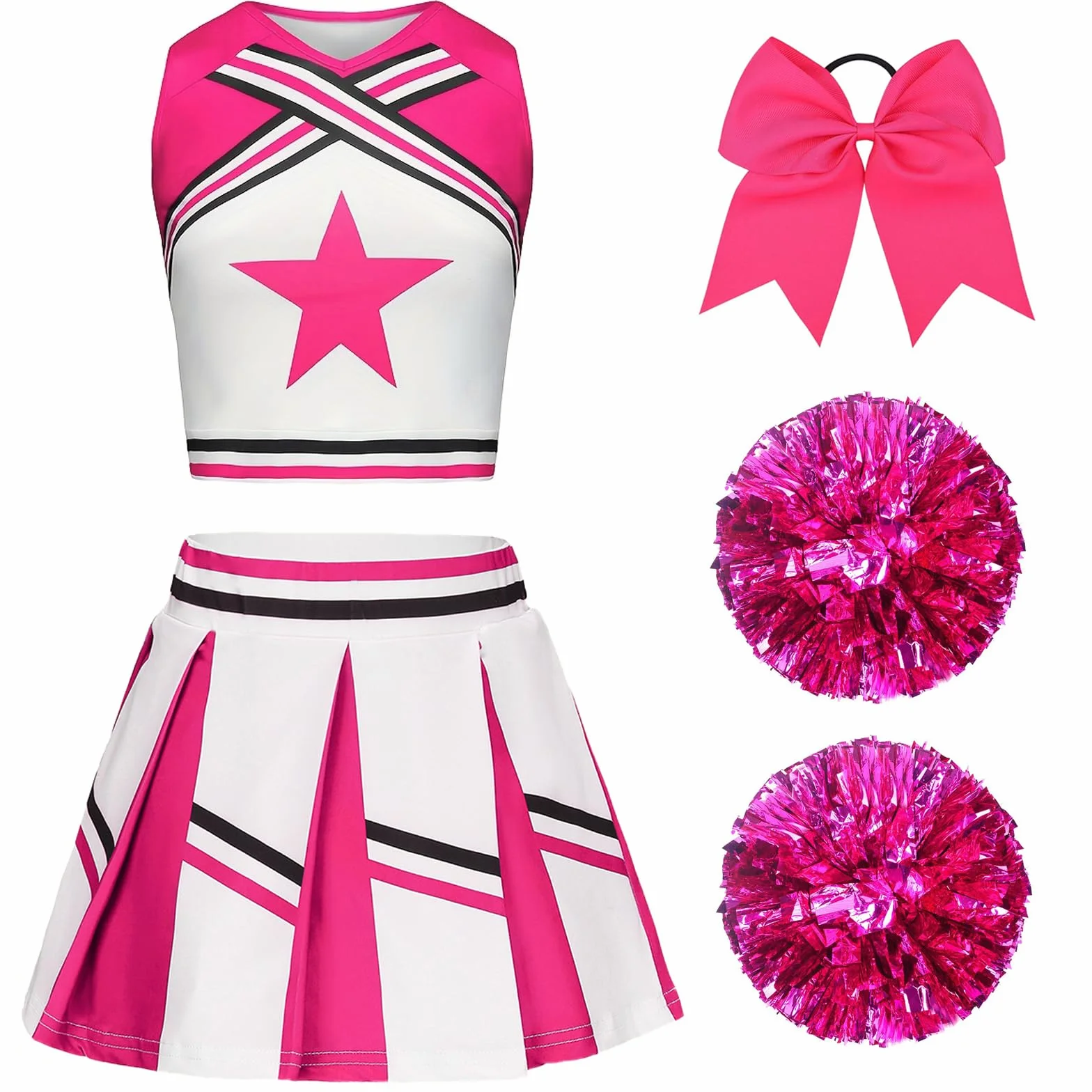 Deguisement Pompom Girl Fille Uniforme avec Pompoms et Chaussettes Robe Costume Enfant Halloween Carnaval