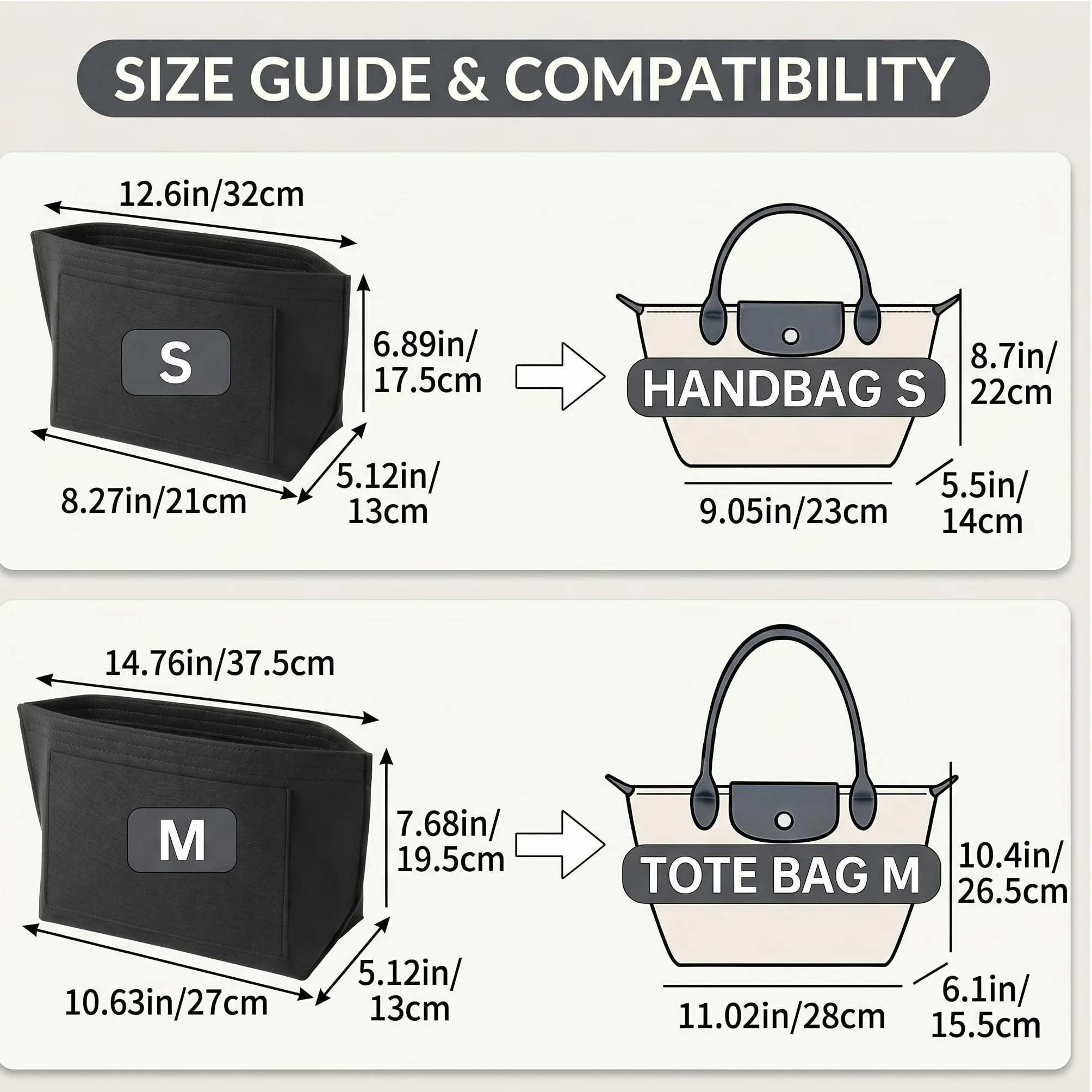Organiseur de sac compatible Longchamp Le Pliage Noir L
