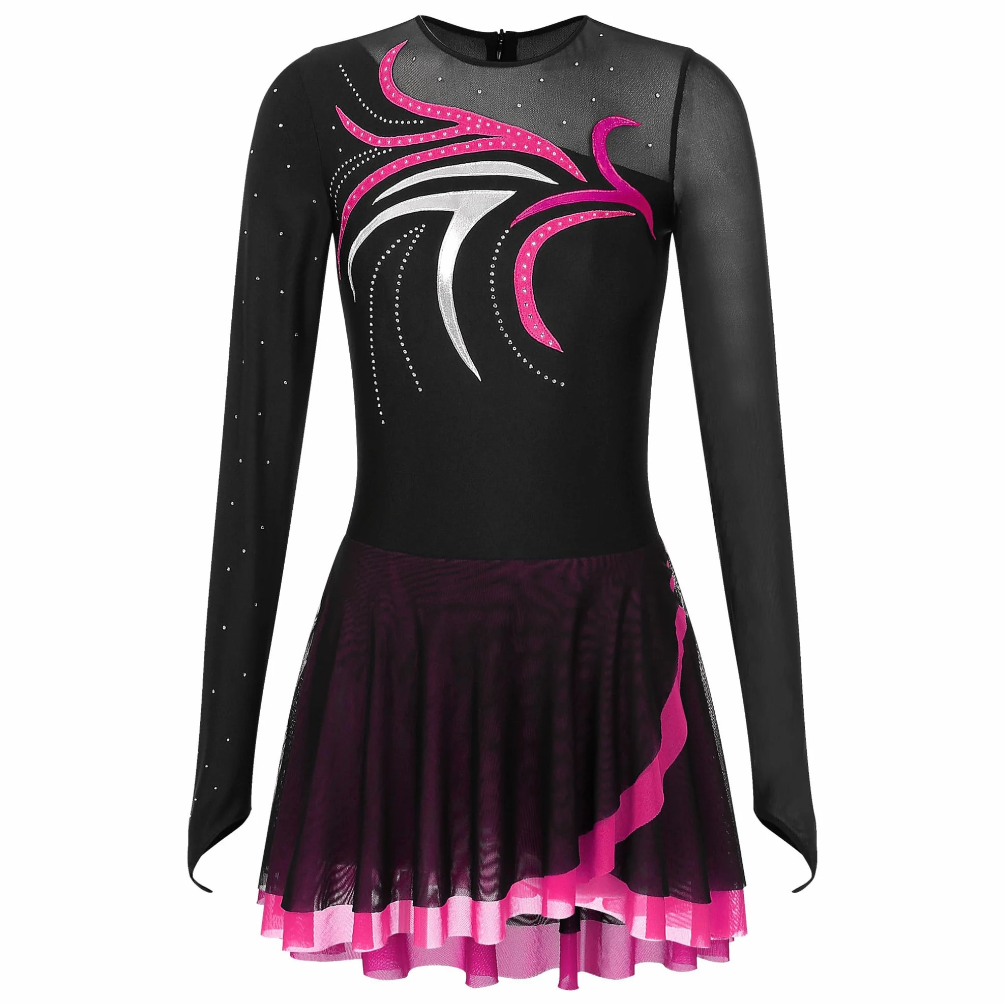 Robe Patinage Artistique Gymnastique Femme Justaucorps Danse Strass Manches Longues S-XXL