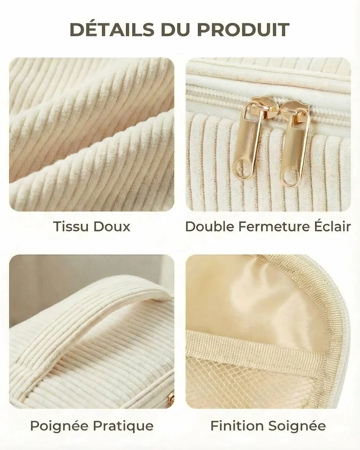 Lot de 4 Trousses de Toilette Femme en Velours Côtelé, Trousse Maquillage avec Poignée, Grande Moyenne Petite Mini, Beige
