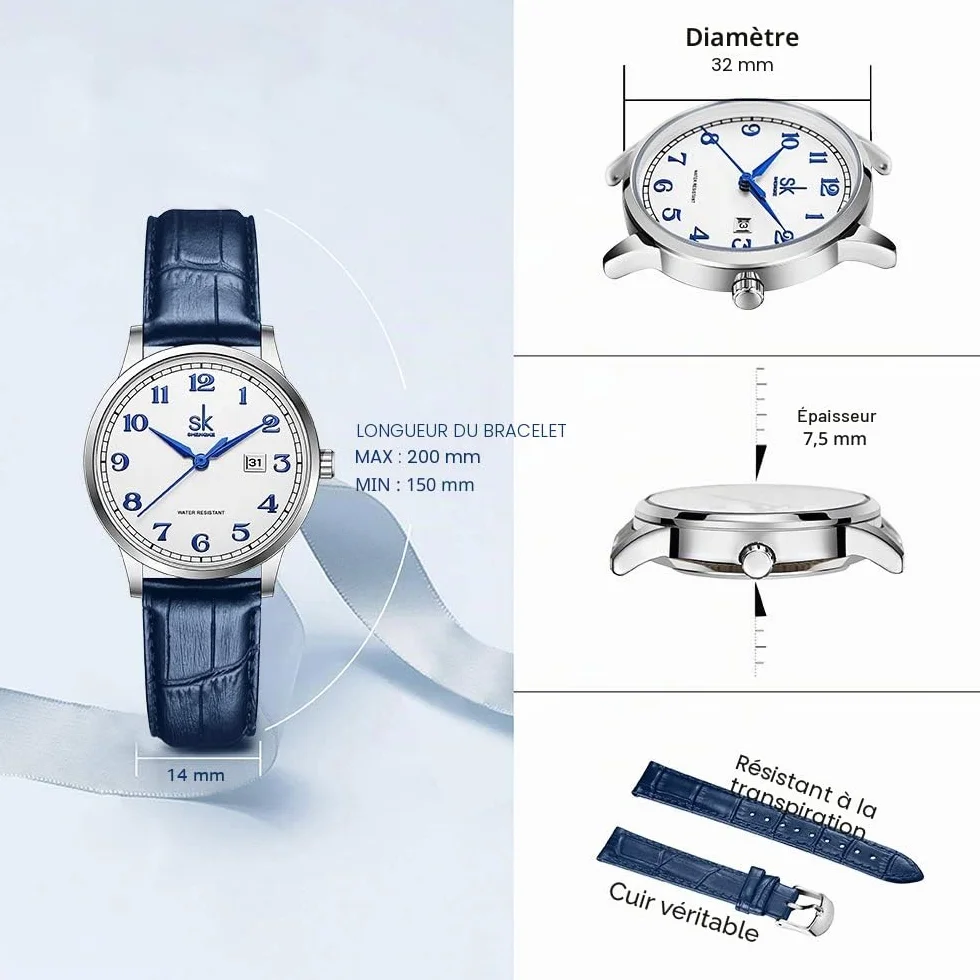 SHENGKE Montres Femme Acier Inoxydable Bracelet Cuir véritable Classique