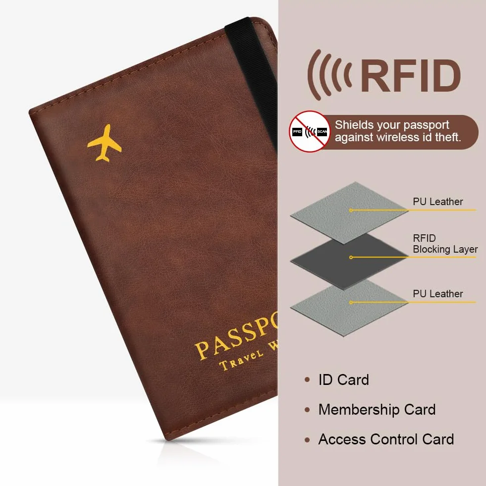 Porte-Passeport Anti-RFID en Cuir PU Marron pour Documents de Voyage et Airtag