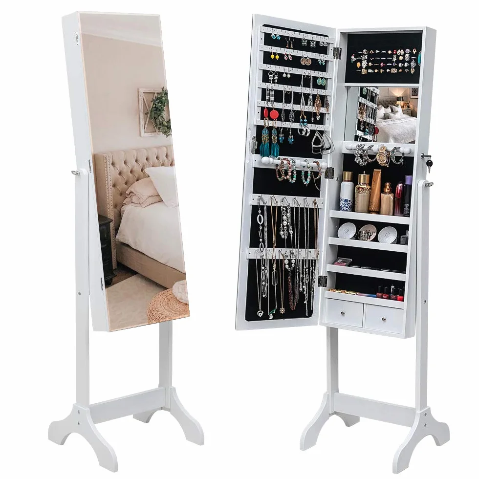 Alightup Armoire à Bijoux avec Miroir Pleine Longueur et Tiroirs, Verrouillable, Blanc
