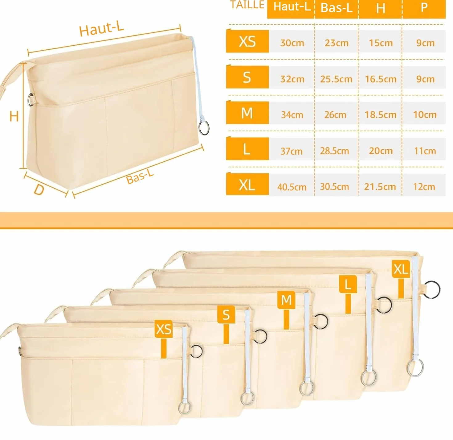Organisateur de Sac à Main en Nylon pour Femmes, Bag In Bag Pochette de Rangement avec Fermeture éclaire, Beige