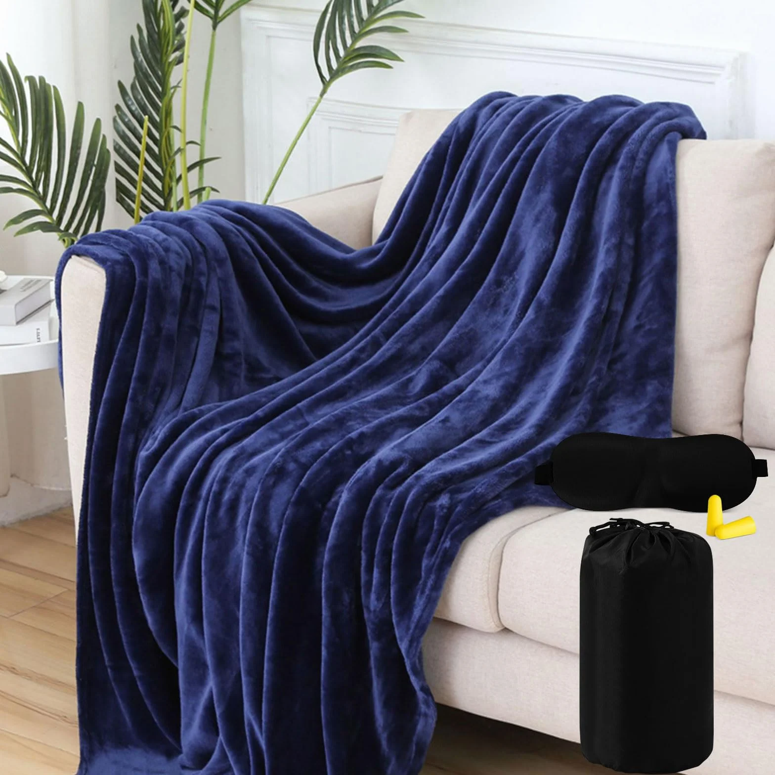 Couverture de voyage ultra légère 200 x 150 cm Bleu marine avec masque de sommeil et bouchons d'oreilles