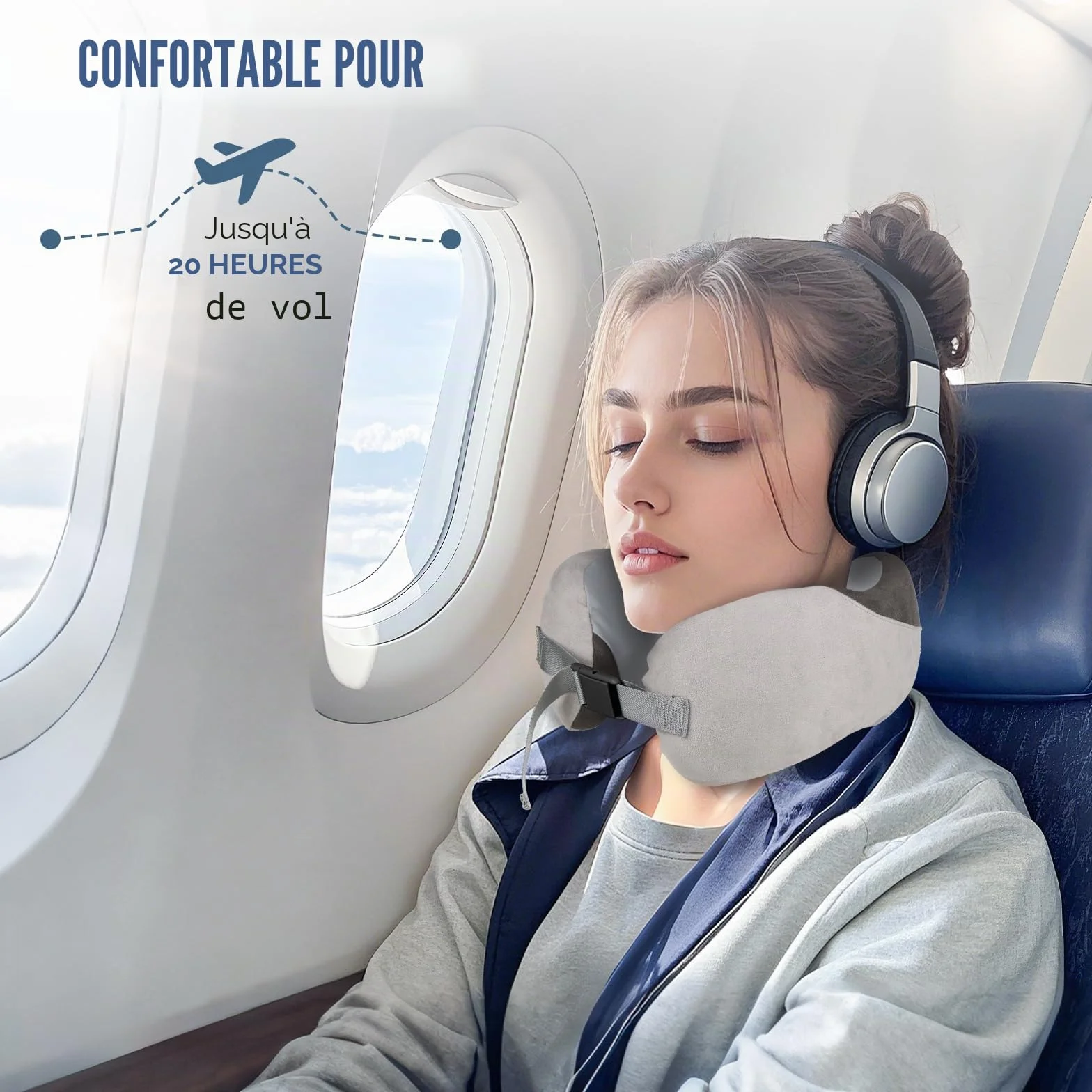Oreiller de Voyage pour Avion en Mousse à Mémoire de Forme, Coussin Avion Soie de Glace Réglable avec Sac de Rangement (Gris)