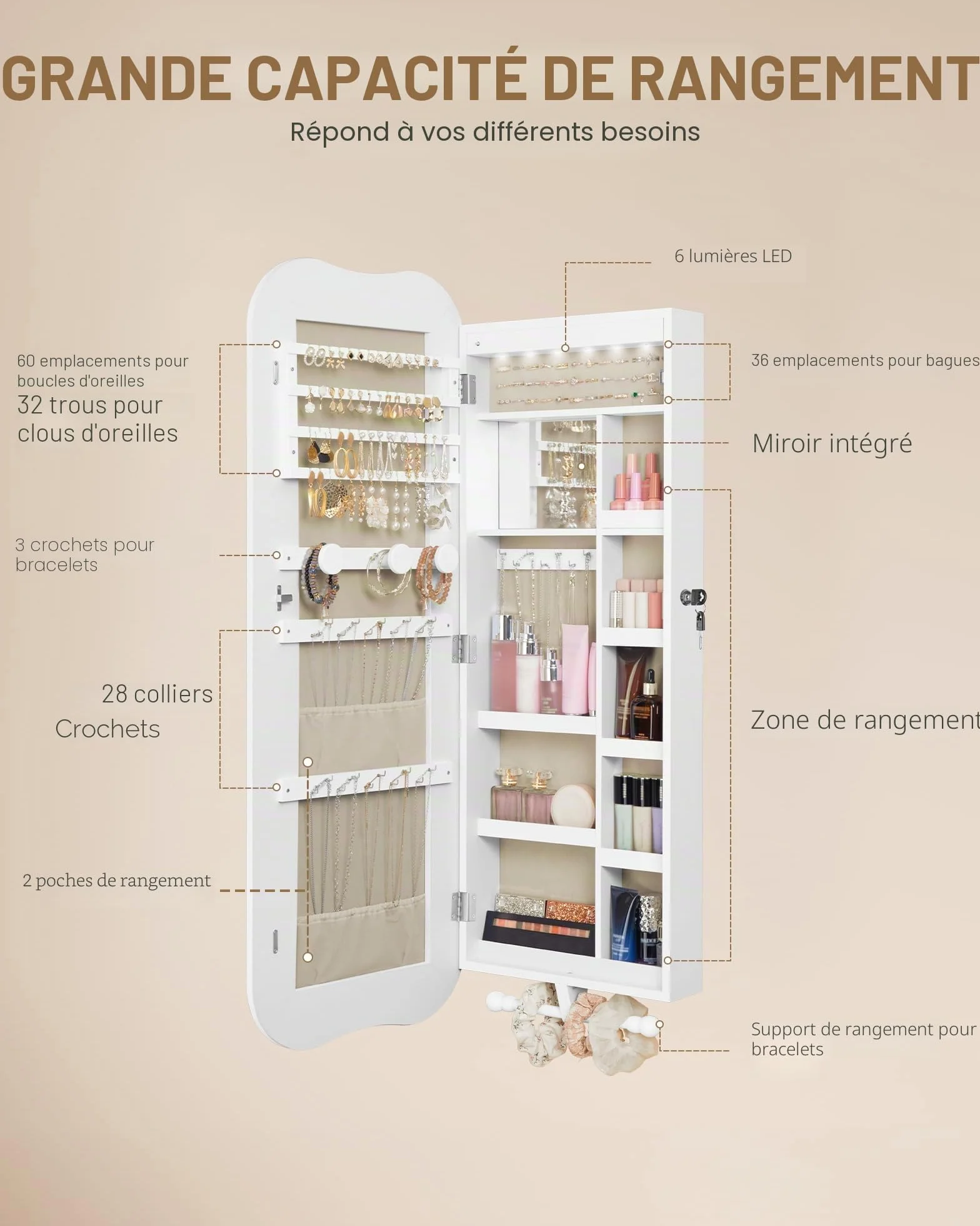 Hzuaneri Armoire à Bijoux avec Miroir Long, LED et Serrure, Grande Capacité, Suspendu ou Mural, Blanc et Doublure Grise Beige