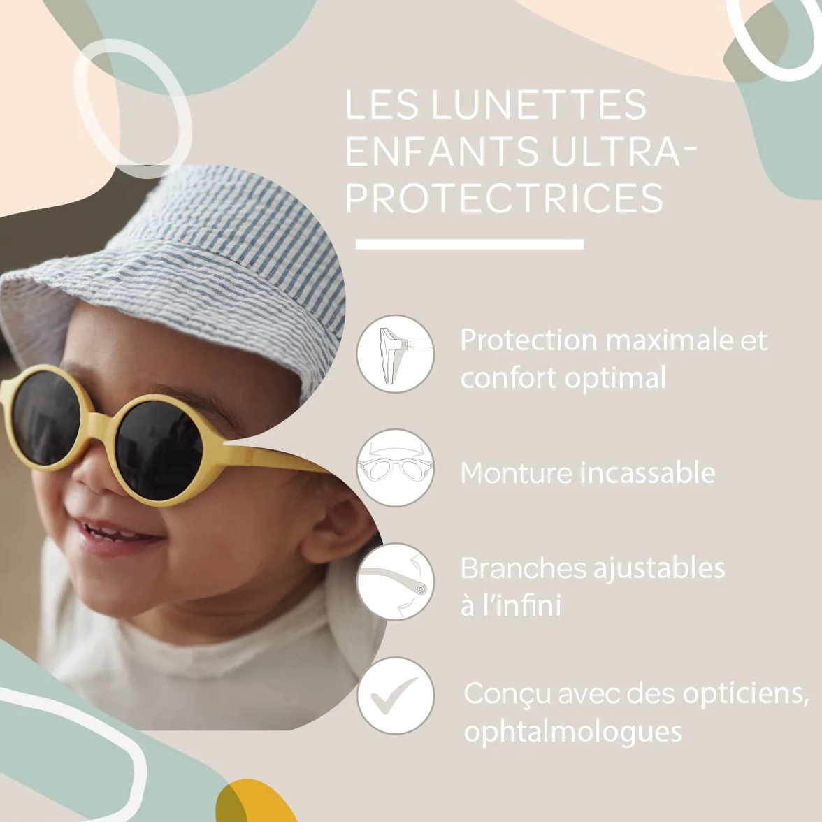 BÉABA Lunettes de soleil bébé 9-24 mois Protection 100% UV CAT 3 Branches ajustables 360° Écaille