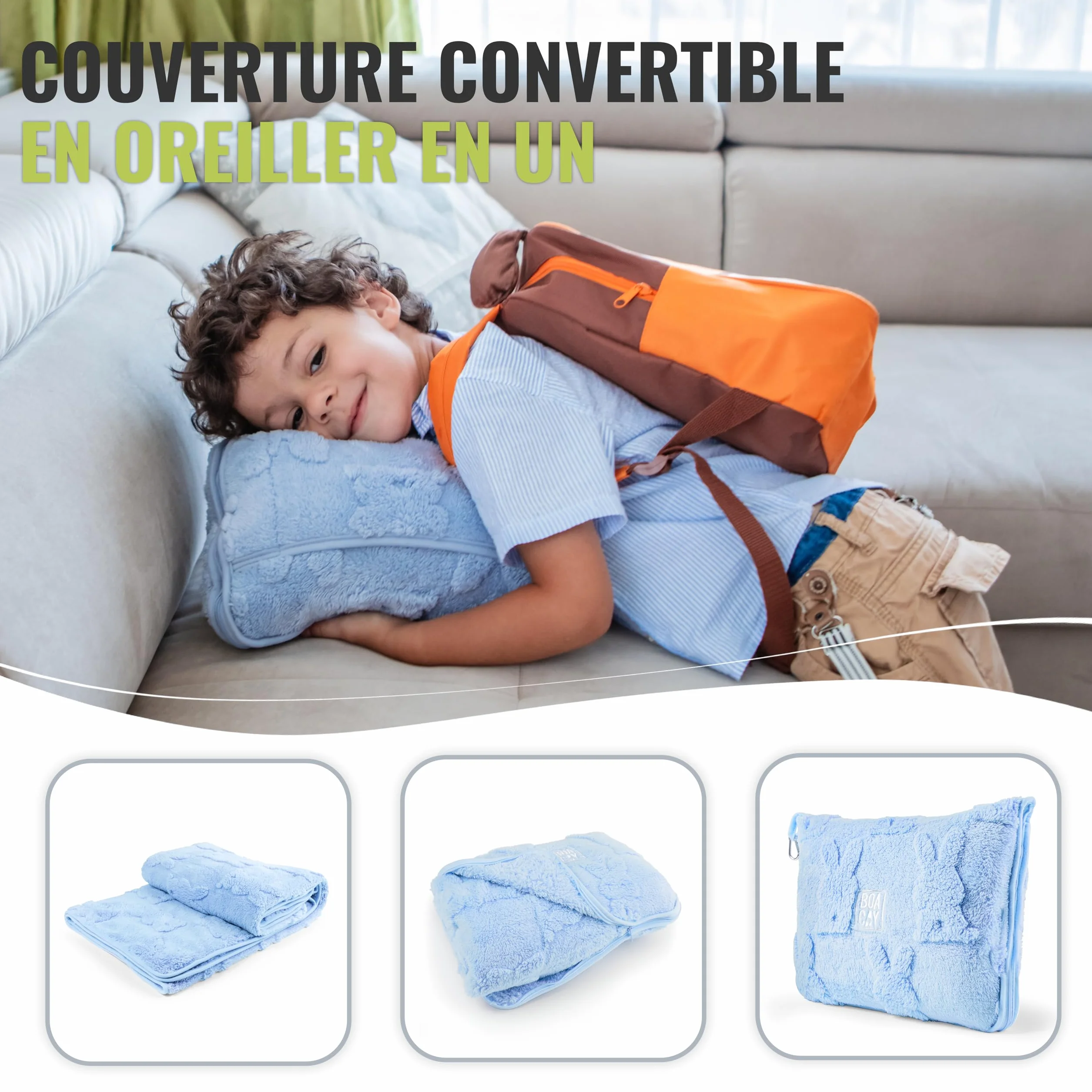 Couverture de Voyage pour Tout-Petit pour Avion Voiture avec Oreiller et Pince de Sac à Dos
