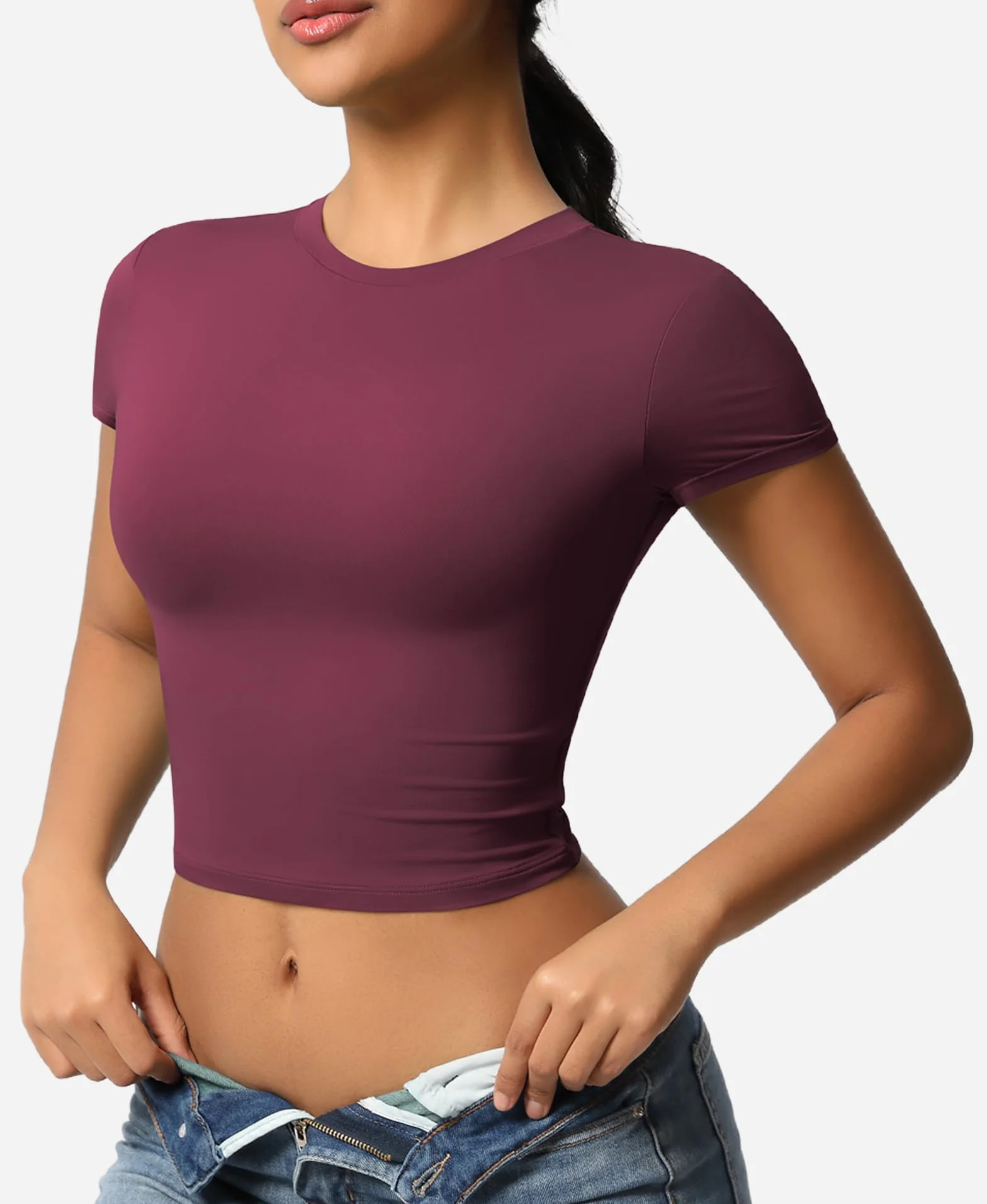 T-Shirt de Sport Femmes Manches Courtes Respirante Chemise Compression Running Crop Top
