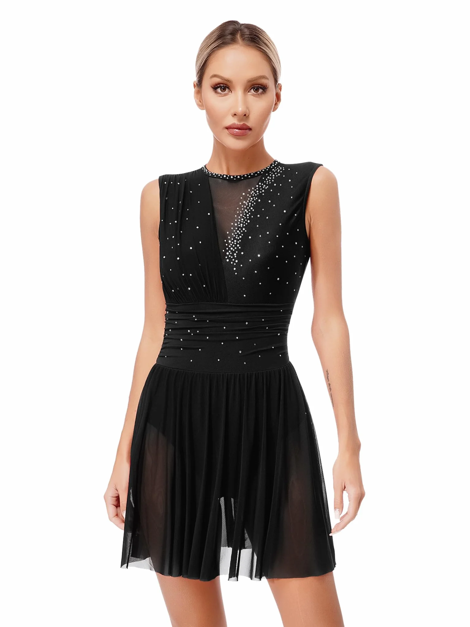Femme Robe Patinage Artistique Strass Brillant Danse Classique Lyrique Latine Justaucorps Gymnastique Compétition Spectacle