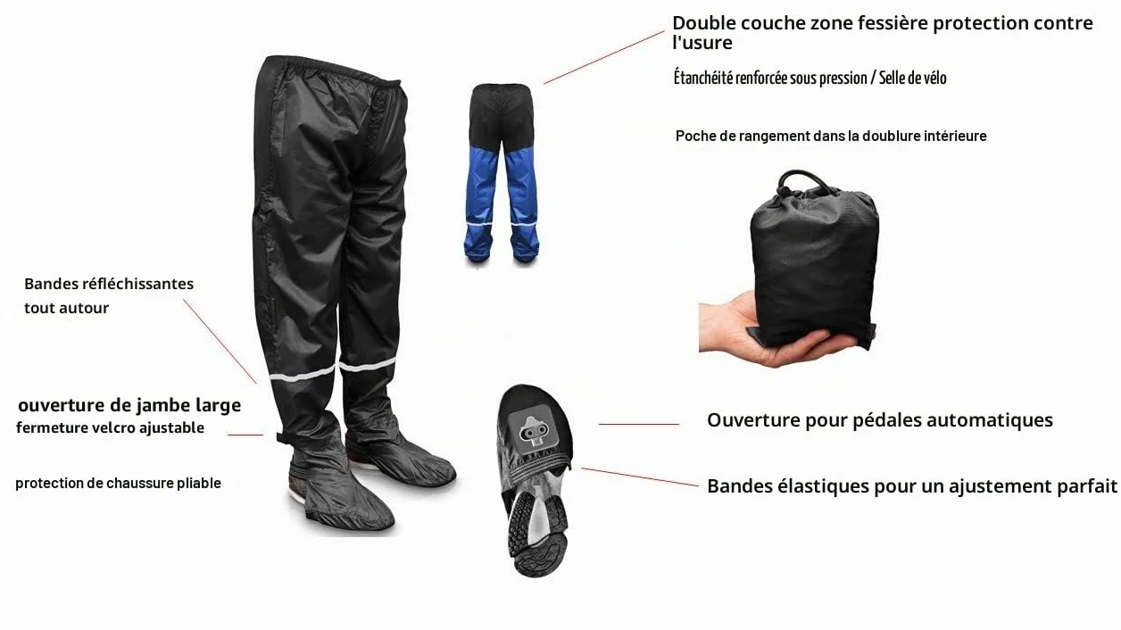 Rainrider Pantalon de pluie imperméable homme femme avec couvre-chaussures amovibles noir bleu