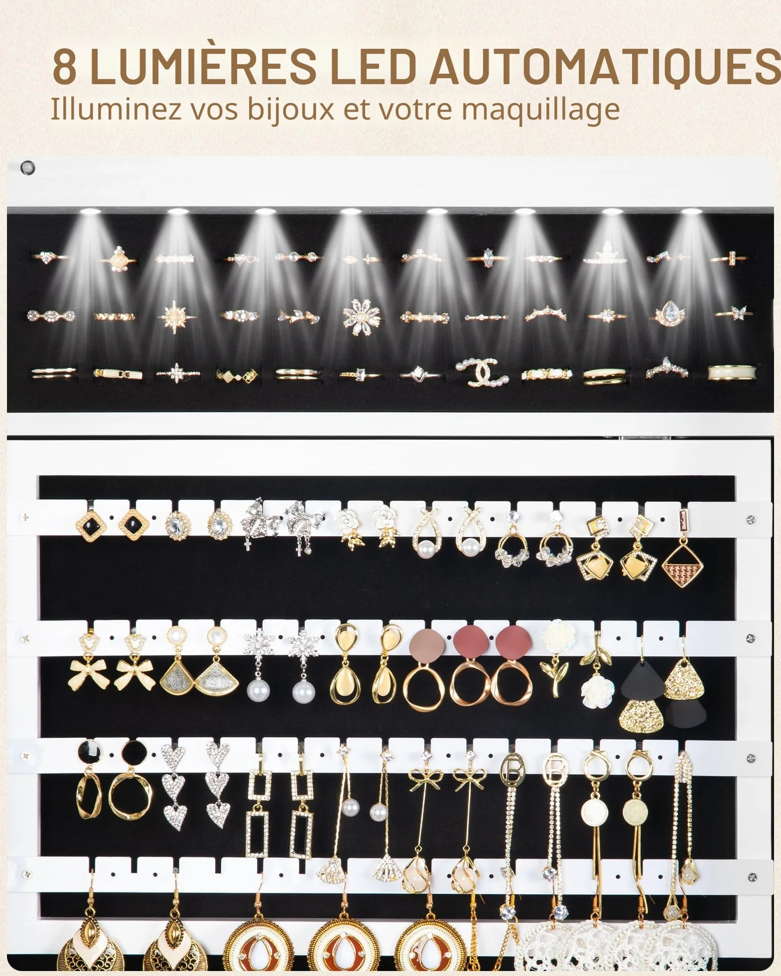 Hzuaneri Armoire à Bijoux 175cm Organisateur de Bijoux sur Pied avec Miroir Verrouillable 8 LEDs 4 Roues Blanc et Noir