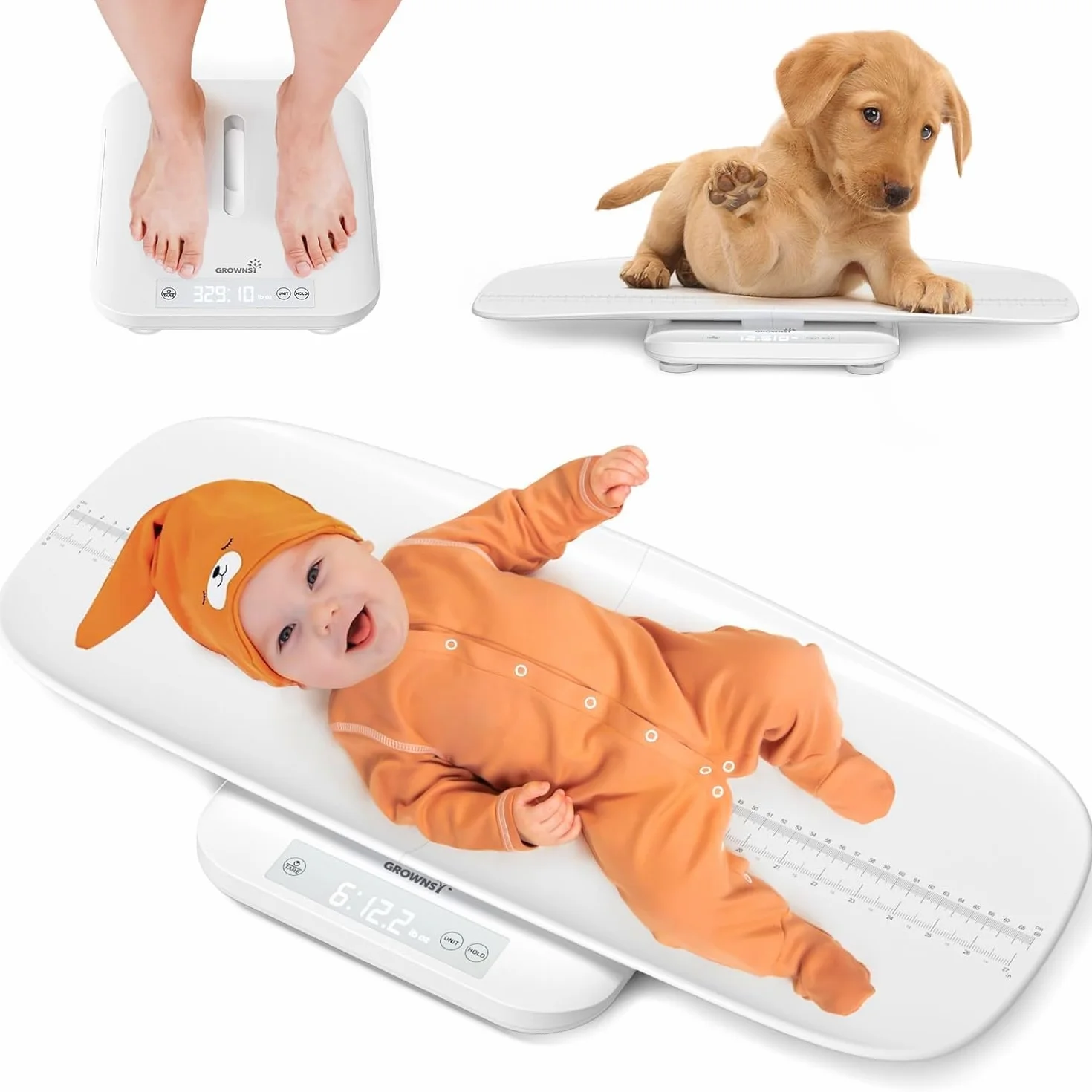 Grownsy Pèse Bébé Numérique avec Plateau Amovible, 150kg, Mesure Taille 70cm, écran LED