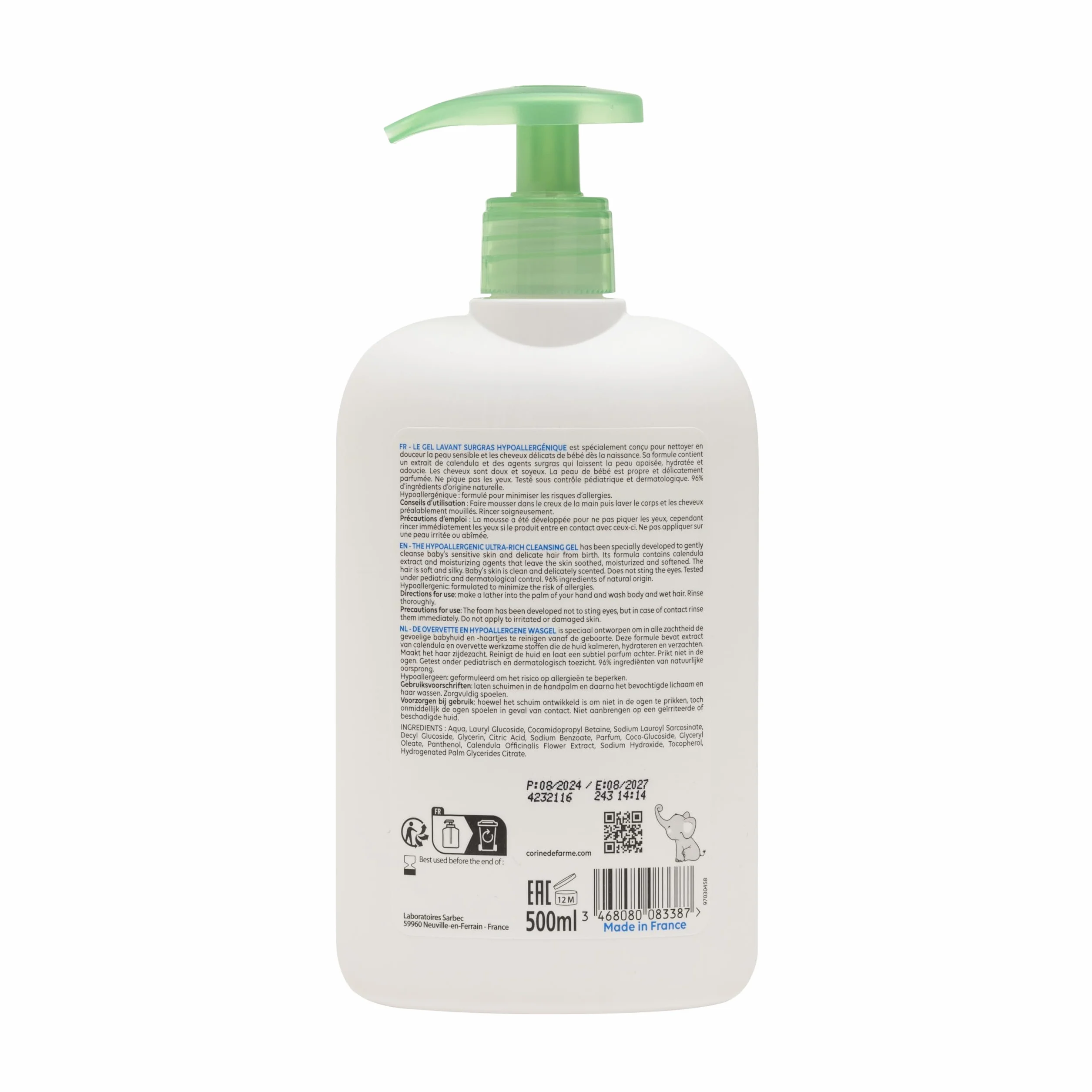Corine de Farme Gel Lavant Surgras Bébé Calendula Corps Cheveux Hypoallergénique Peaux Sensibles 500ml