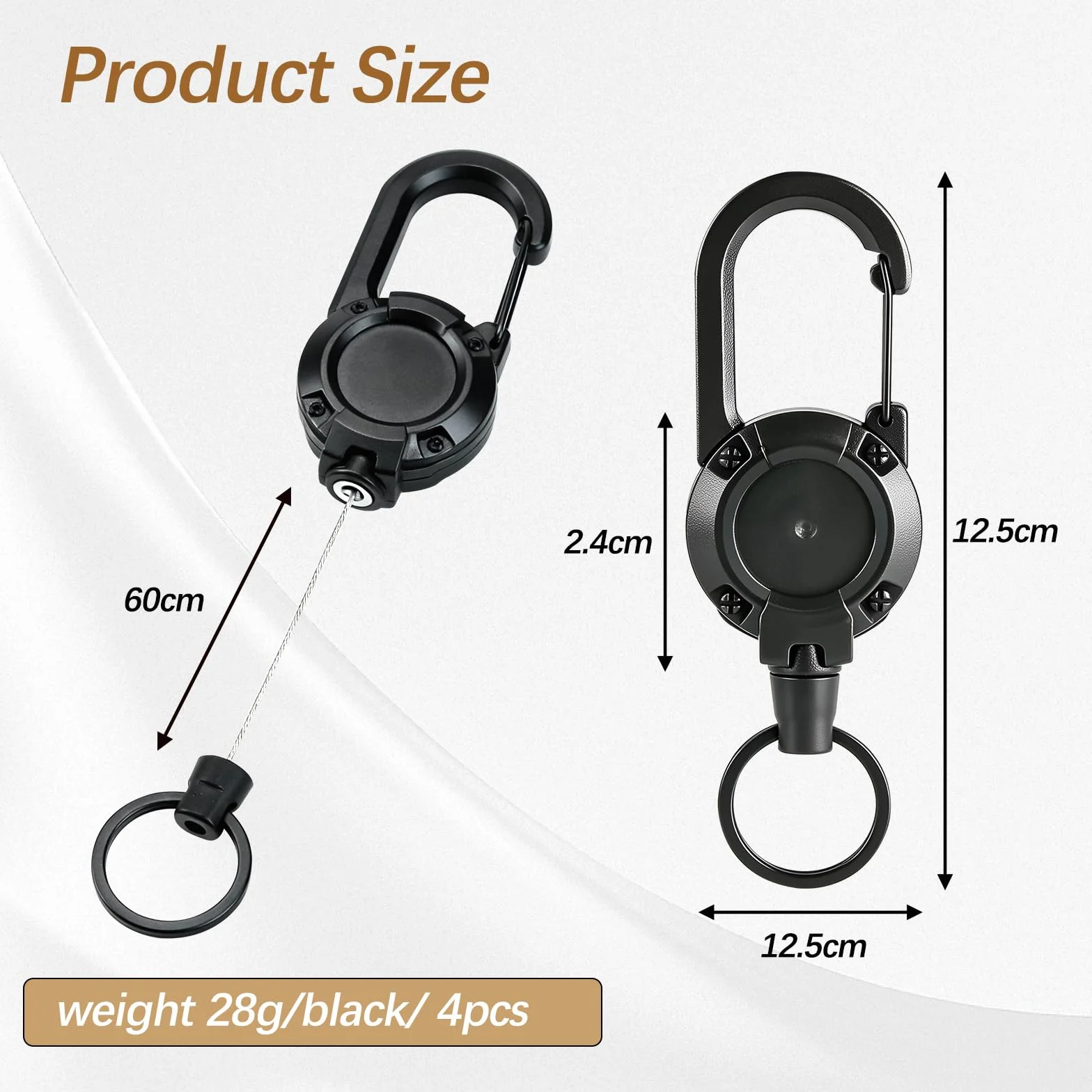 Lot de 4 porte-clés rétractables extensibles avec cordon en acier 60 cm, mousqueton robuste pour porte-badge
