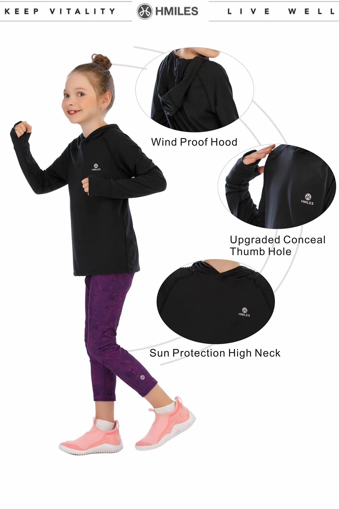 Chemise à capuche à manches longues pour filles avec trou pouce - Haut UV course enfants UPF - Sweat léger sport actif yoga danse