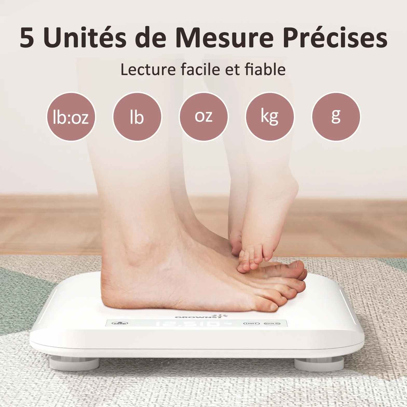 Grownsy Pèse Bébé Numérique avec Plateau Amovible, 150kg, Mesure Taille 70cm, écran LED